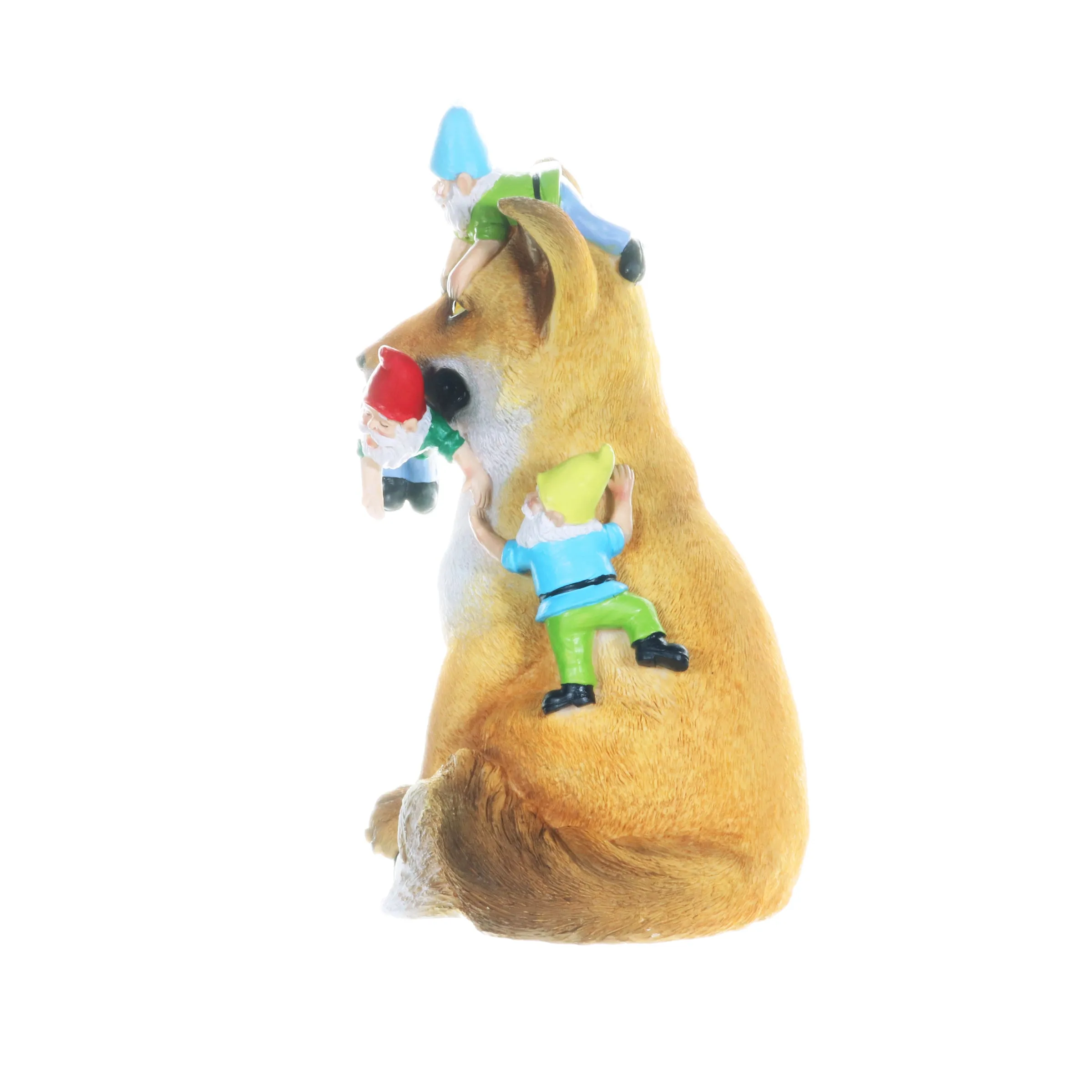 Fox Garden Statue with Gnomes, Hand Painted, UV-Treated Resin, 6.5 x 12 Inches