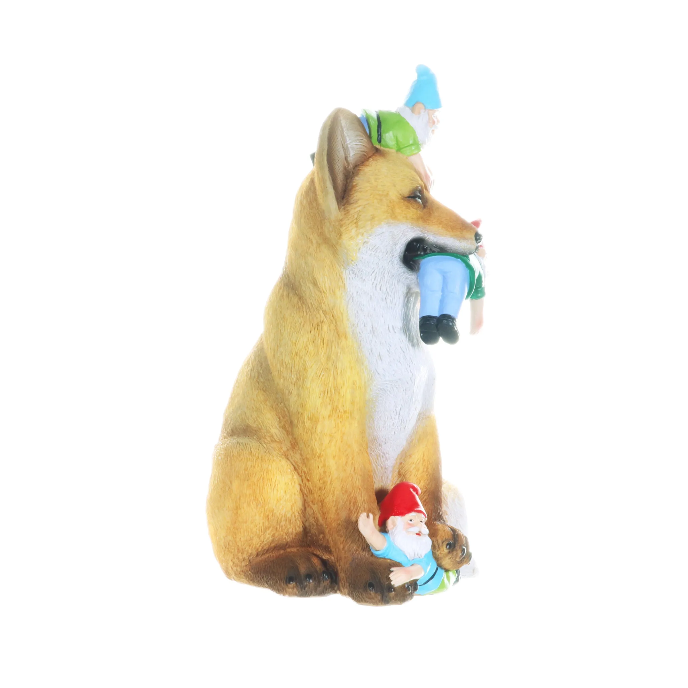 Fox Garden Statue with Gnomes, Hand Painted, UV-Treated Resin, 6.5 x 12 Inches