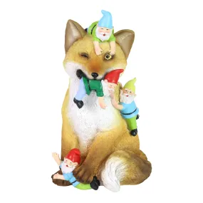 Fox Garden Statue with Gnomes, Hand Painted, UV-Treated Resin, 6.5 x 12 Inches