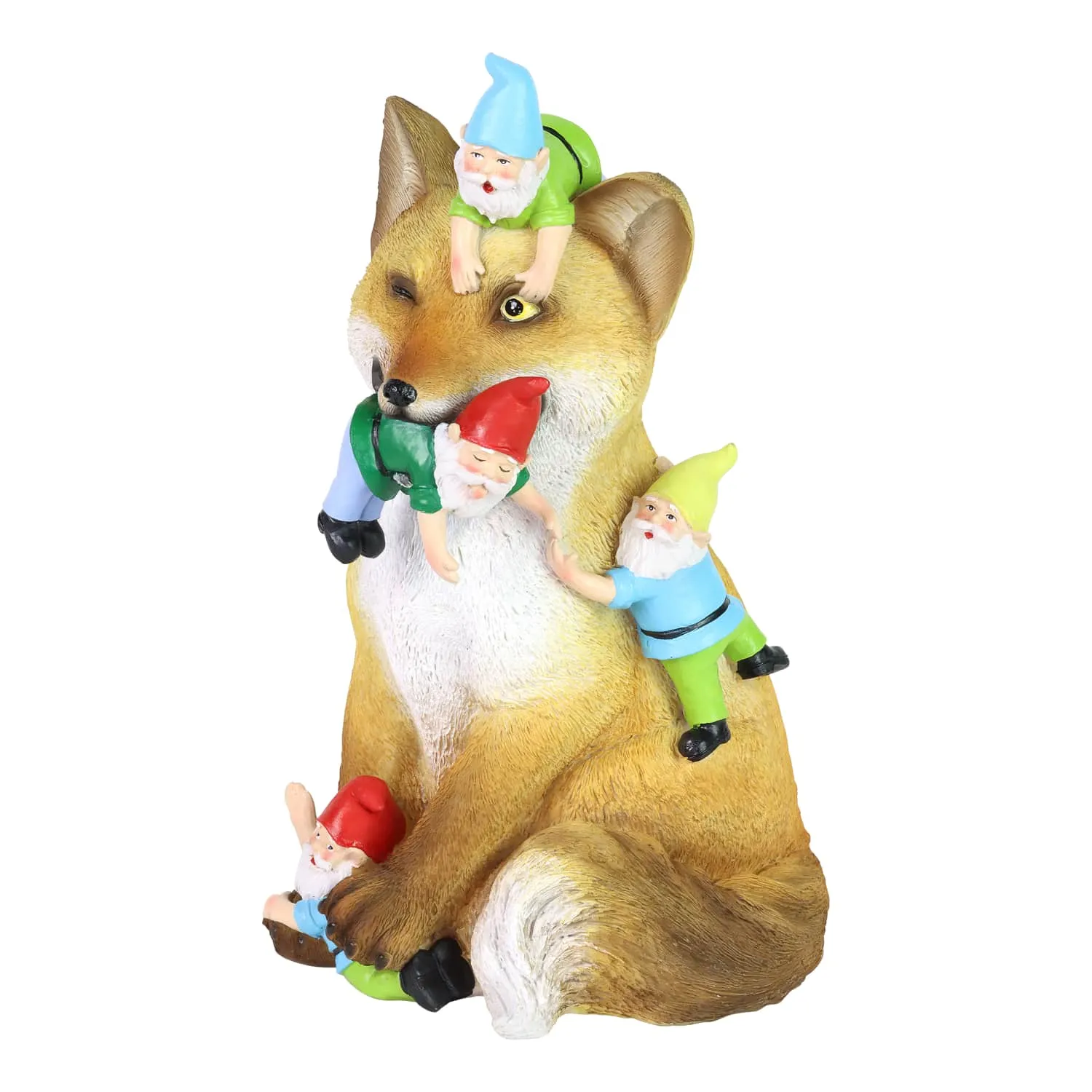 Fox Garden Statue with Gnomes, Hand Painted, UV-Treated Resin, 6.5 x 12 Inches