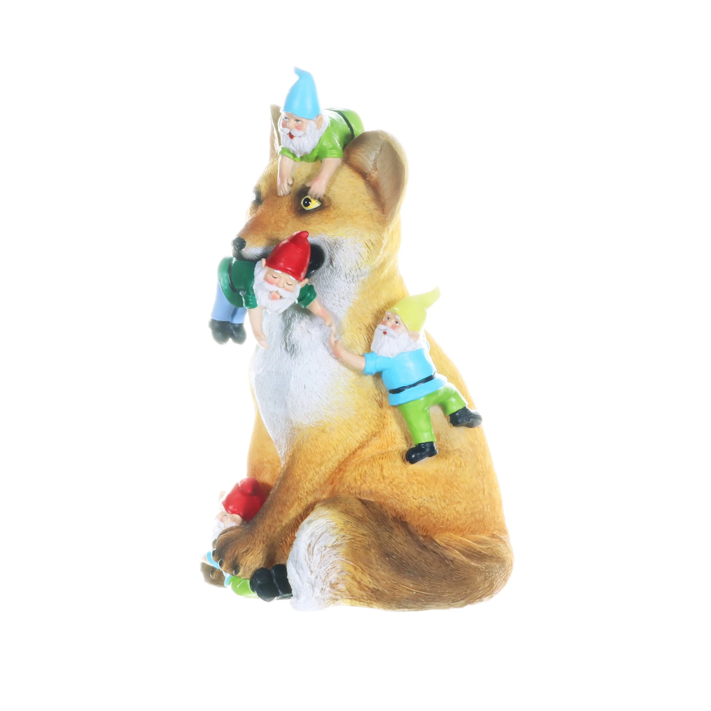 Fox Garden Statue with Gnomes, Hand Painted, UV-Treated Resin, 6.5 x 12 Inches