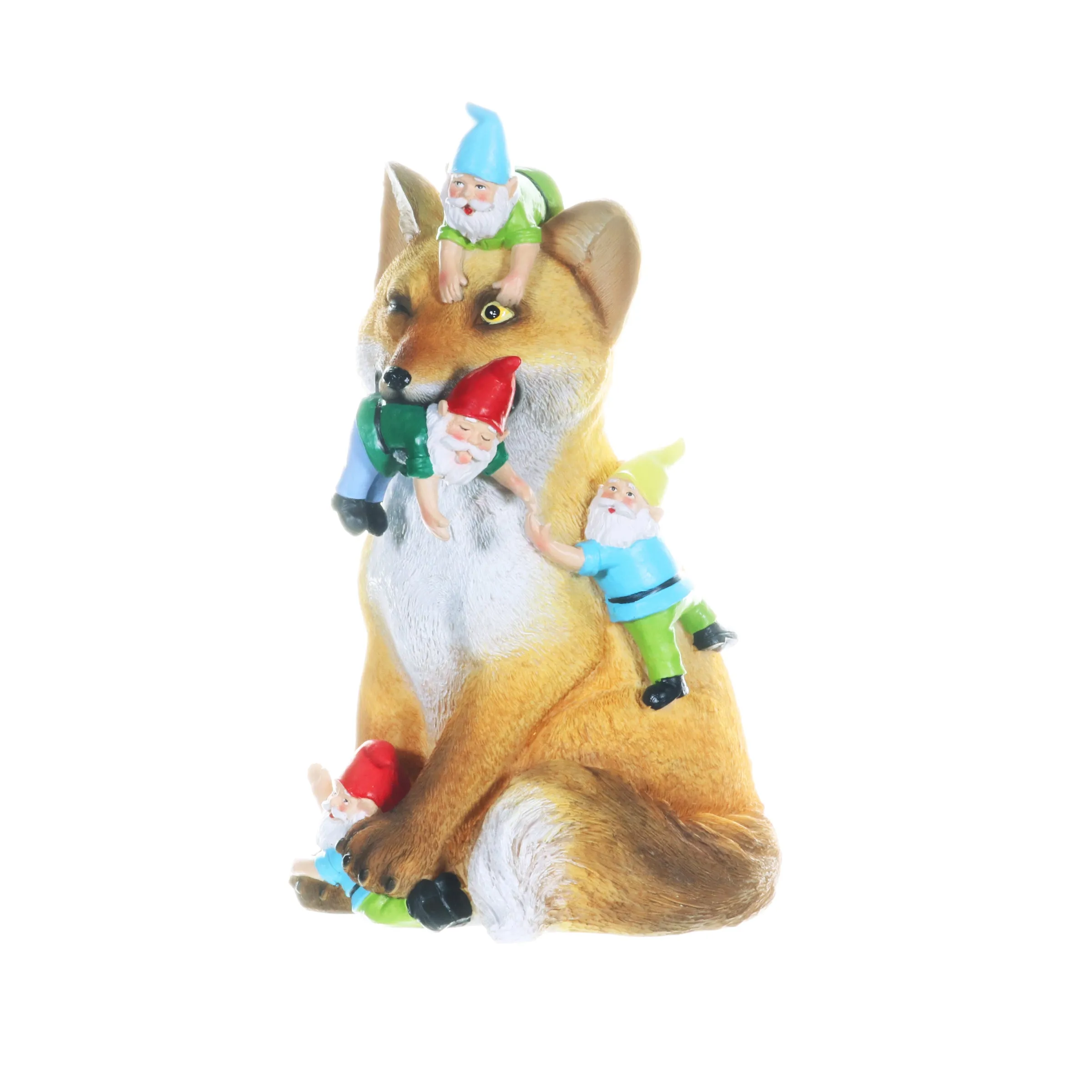 Fox Garden Statue with Gnomes, Hand Painted, UV-Treated Resin, 6.5 x 12 Inches