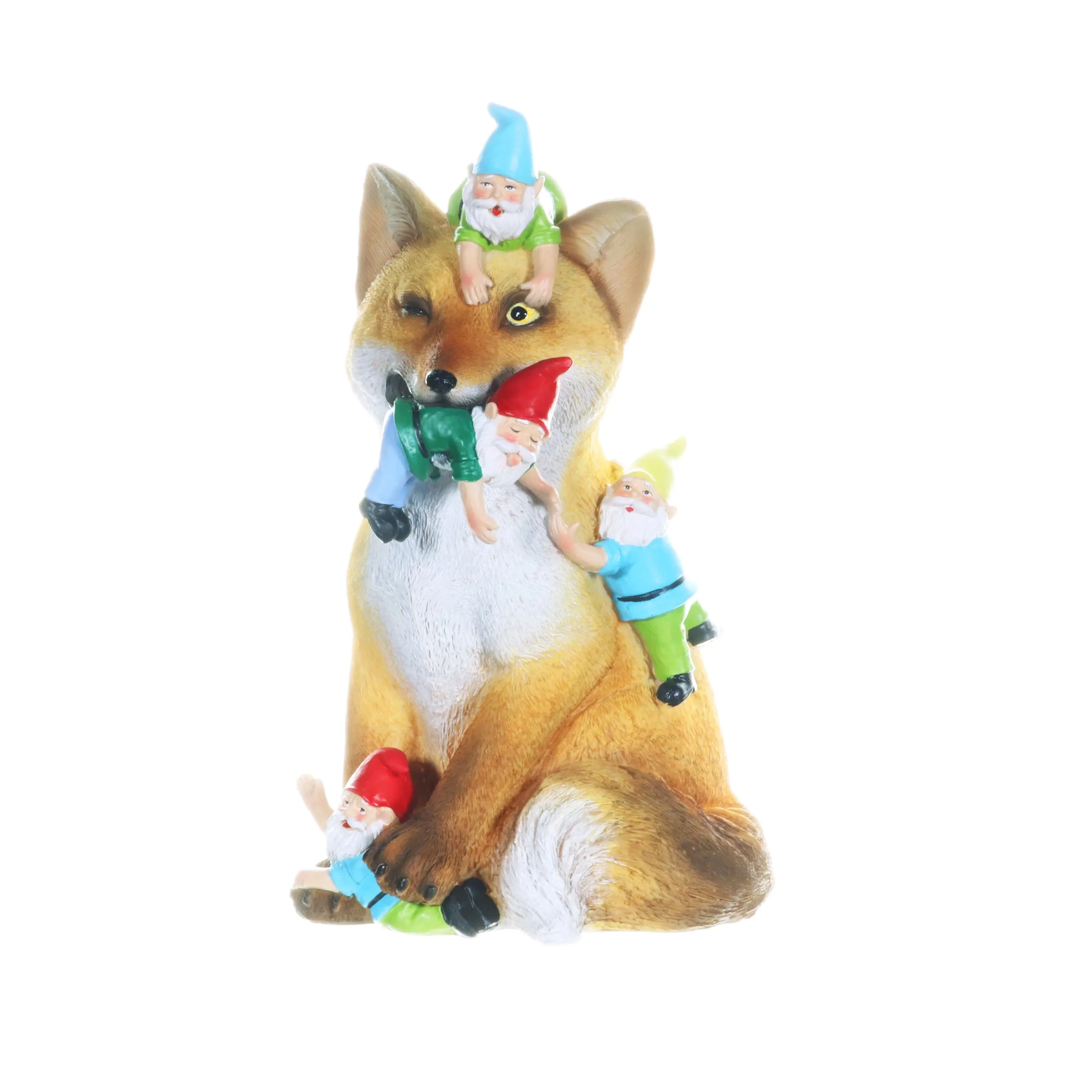 Fox Garden Statue with Gnomes, Hand Painted, UV-Treated Resin, 6.5 x 12 Inches