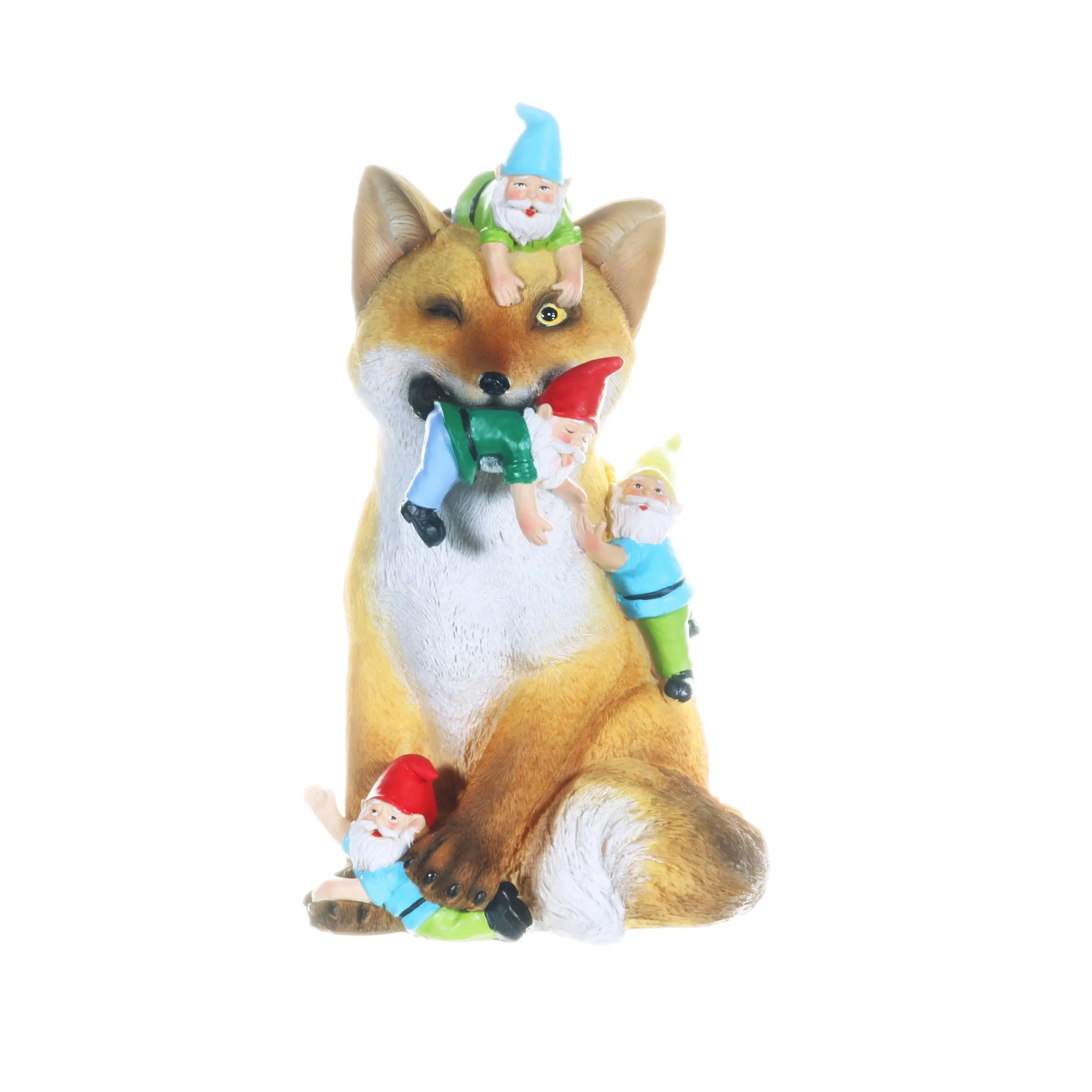 Fox Garden Statue with Gnomes, Hand Painted, UV-Treated Resin, 6.5 x 12 Inches