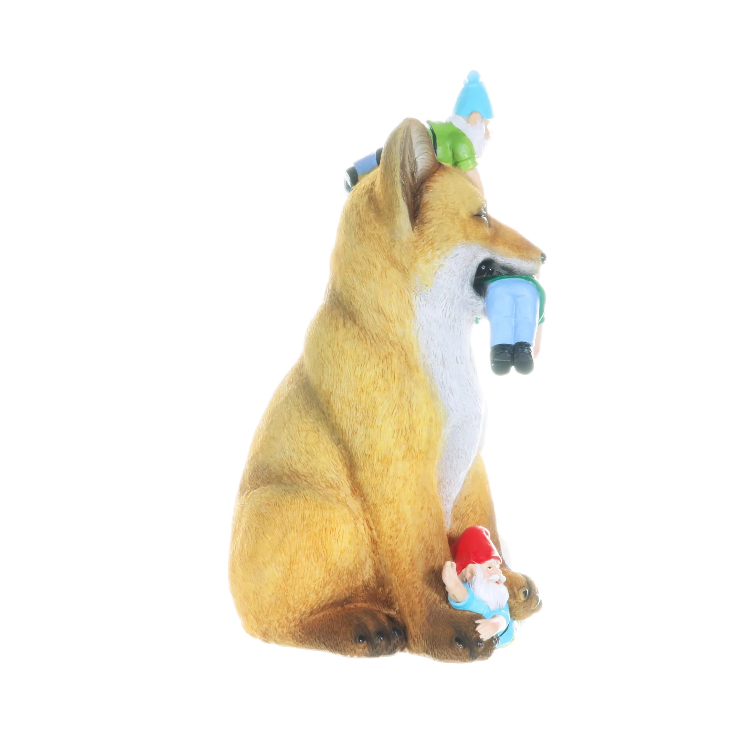 Fox Garden Statue with Gnomes, Hand Painted, UV-Treated Resin, 6.5 x 12 Inches