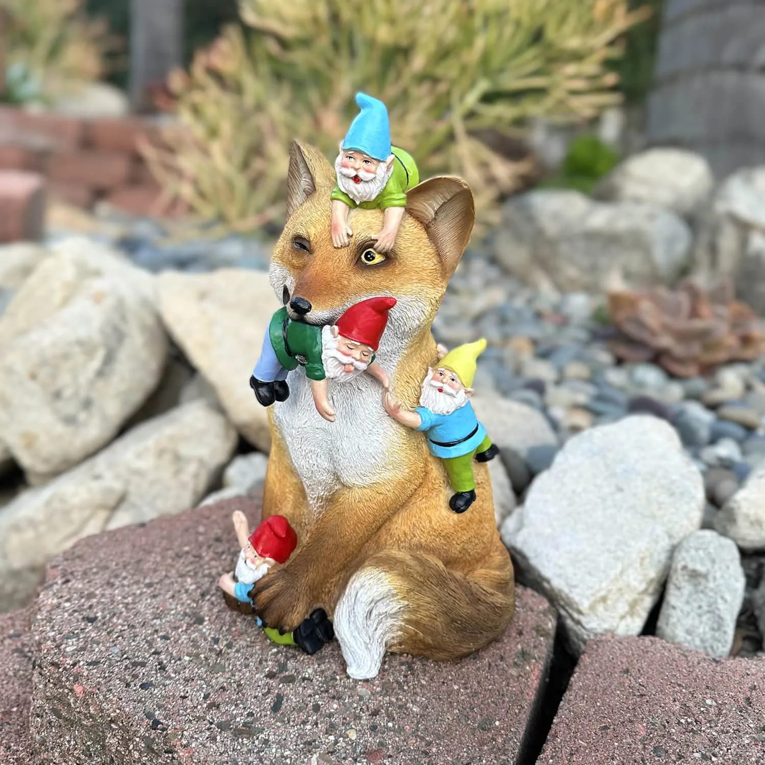 Fox Garden Statue with Gnomes, Hand Painted, UV-Treated Resin, 6.5 x 12 Inches