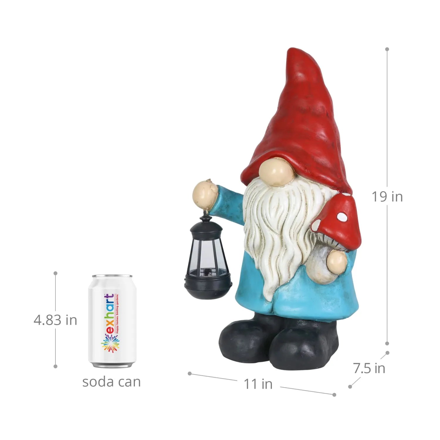 Garden Gnome With Solar Lantern and Mushroom Statuary, 11 by 19 Inches