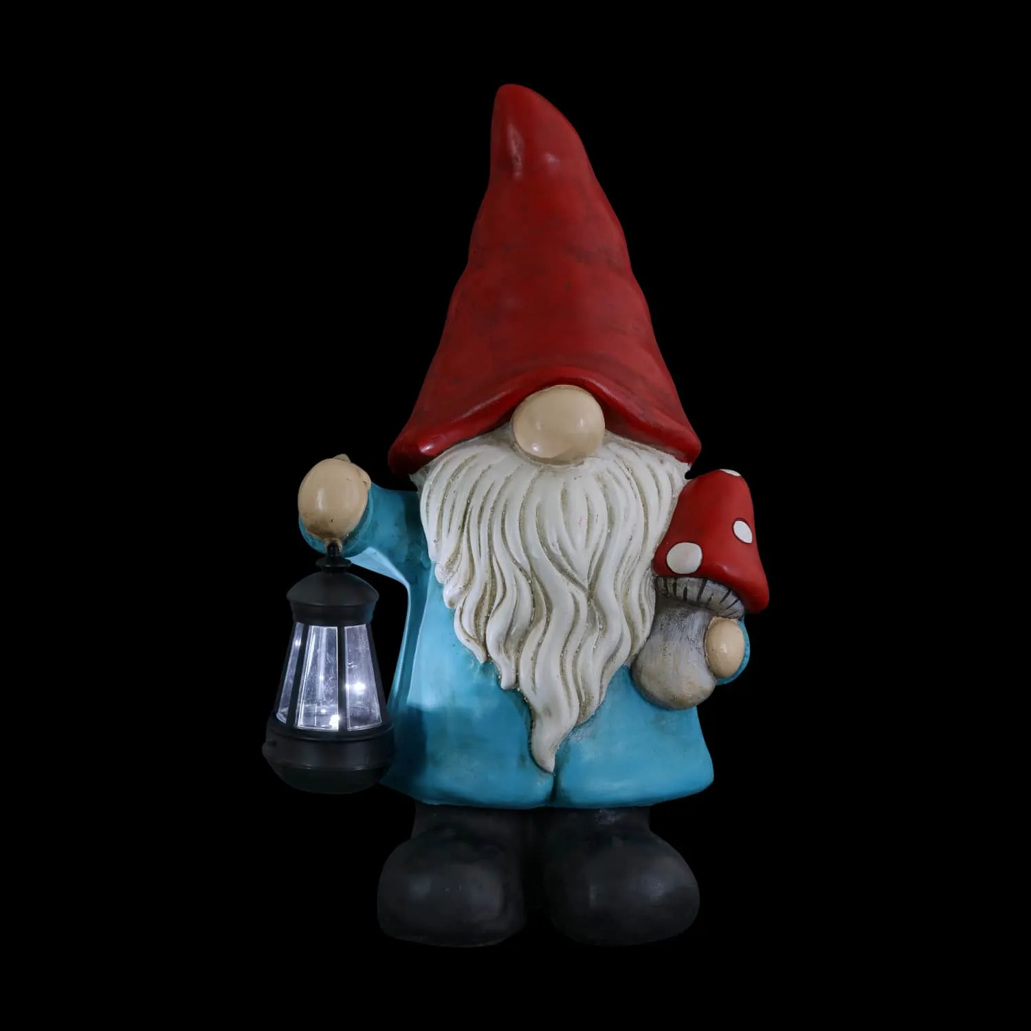 Garden Gnome With Solar Lantern and Mushroom Statuary, 11 by 19 Inches