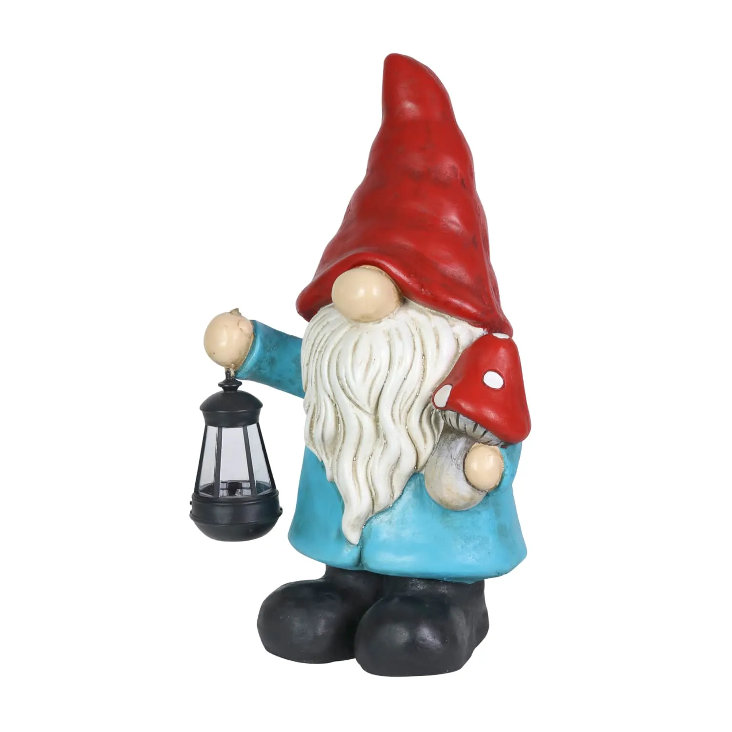 Garden Gnome With Solar Lantern and Mushroom Statuary, 11 by 19 Inches