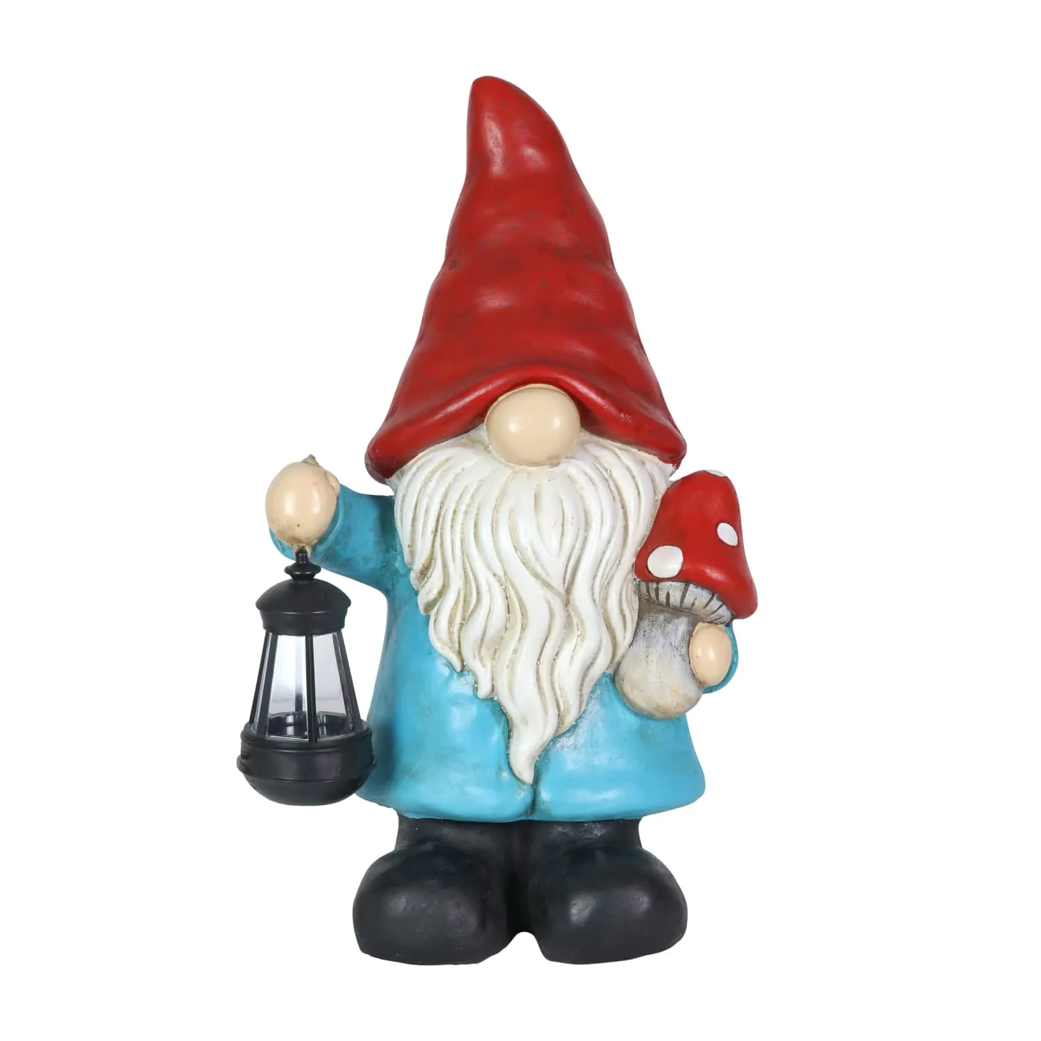 Garden Gnome With Solar Lantern and Mushroom Statuary, 11 by 19 Inches