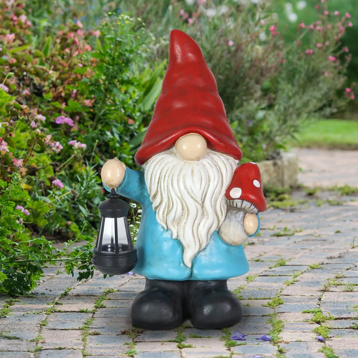 Garden Gnome With Solar Lantern and Mushroom Statuary, 11 by 19 Inches