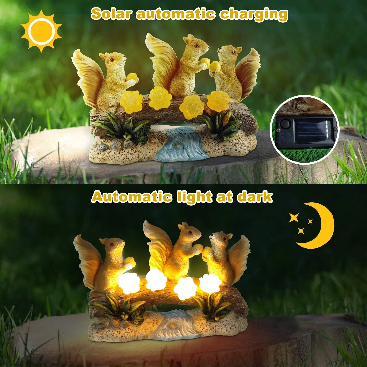Garden Solar Squirrel Statue Waterproof with 4 LED Lights