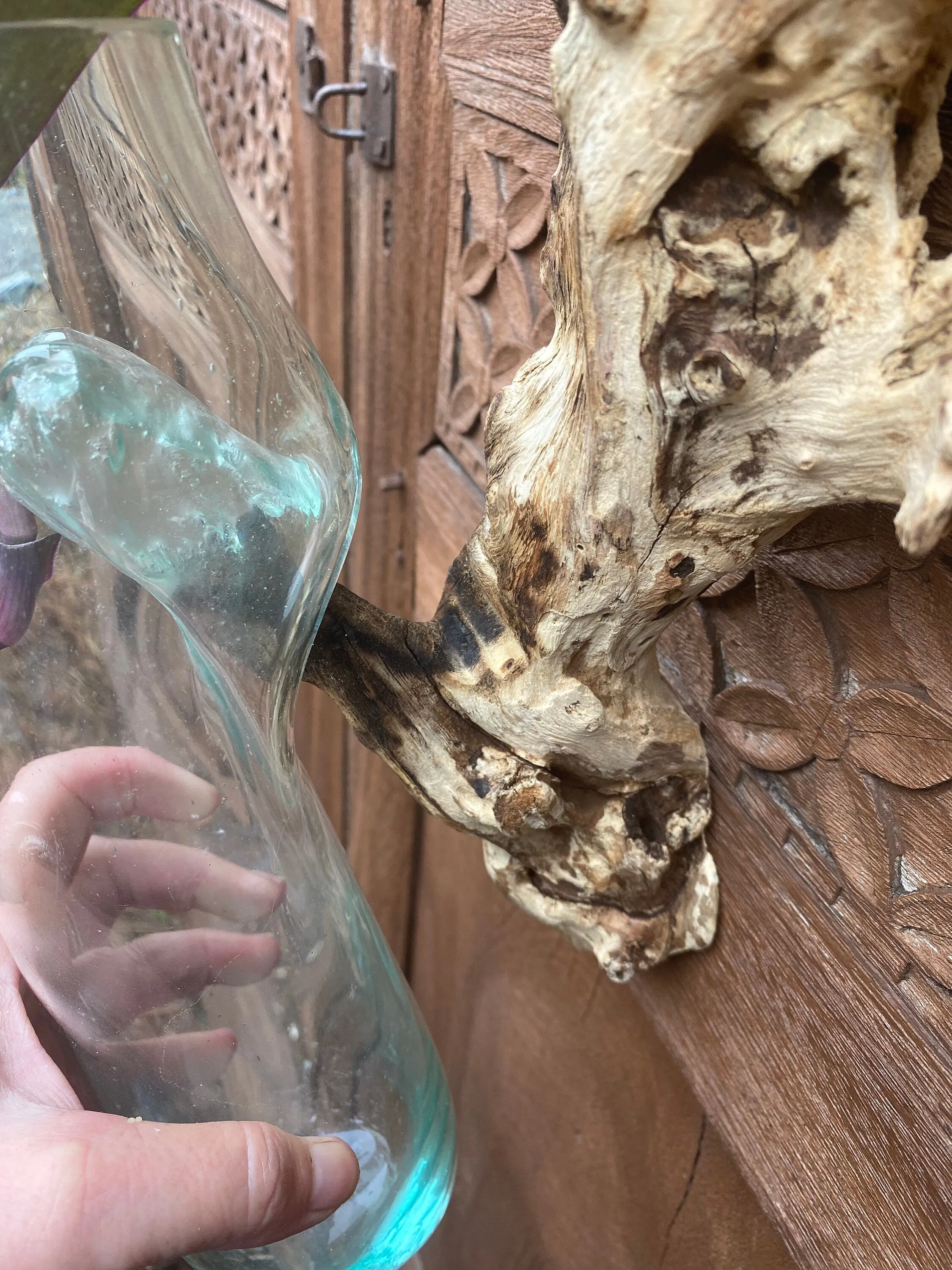 Hand Blown Glass Hydroponic Propagation Vase Planter House Plant Rooter Wall Pocket on Teak Wood Base Eclectic Boho Decor Balinese Art