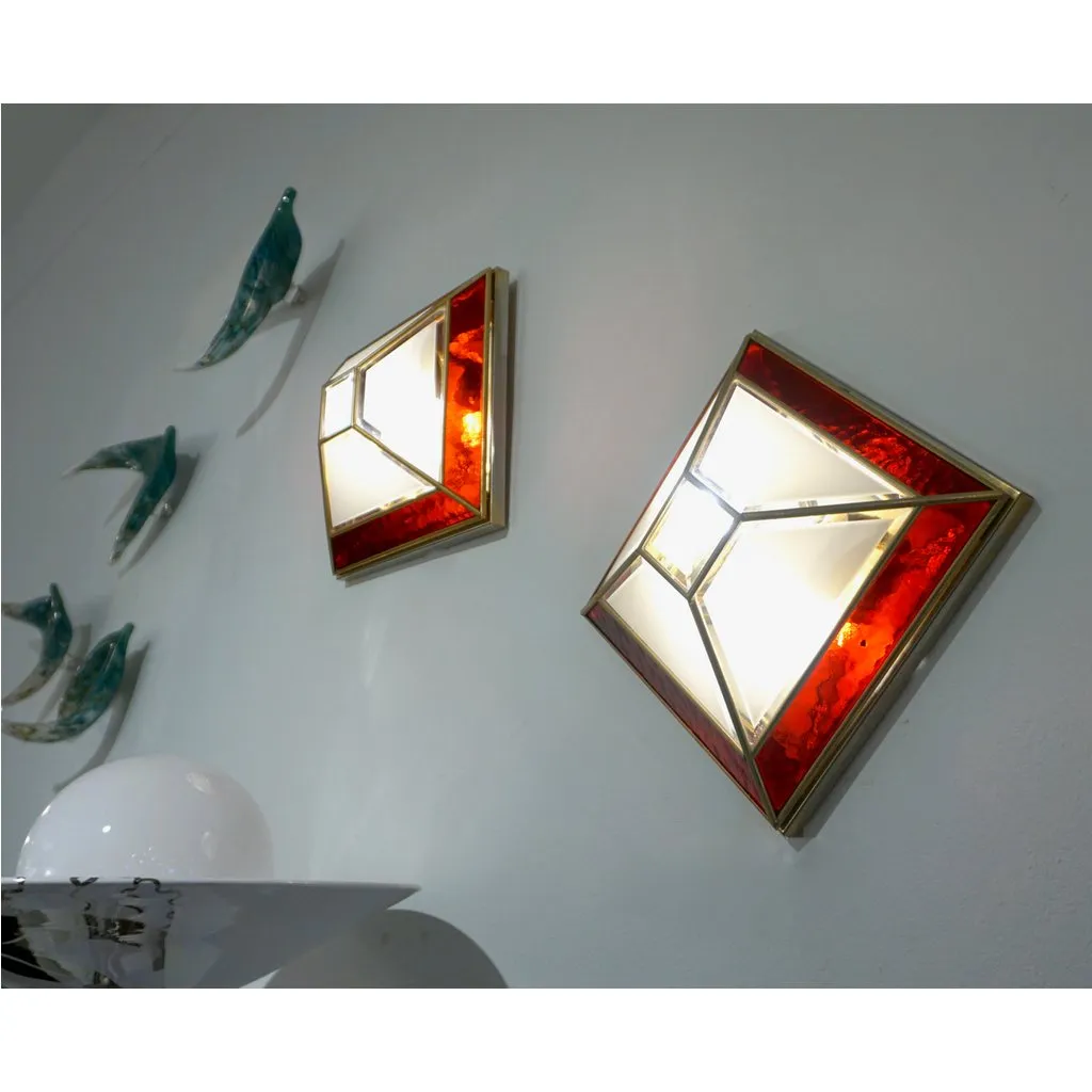 Italian 1950s Art Deco Style Pair of Red White Frosted Glass Sconces/Flushmounts