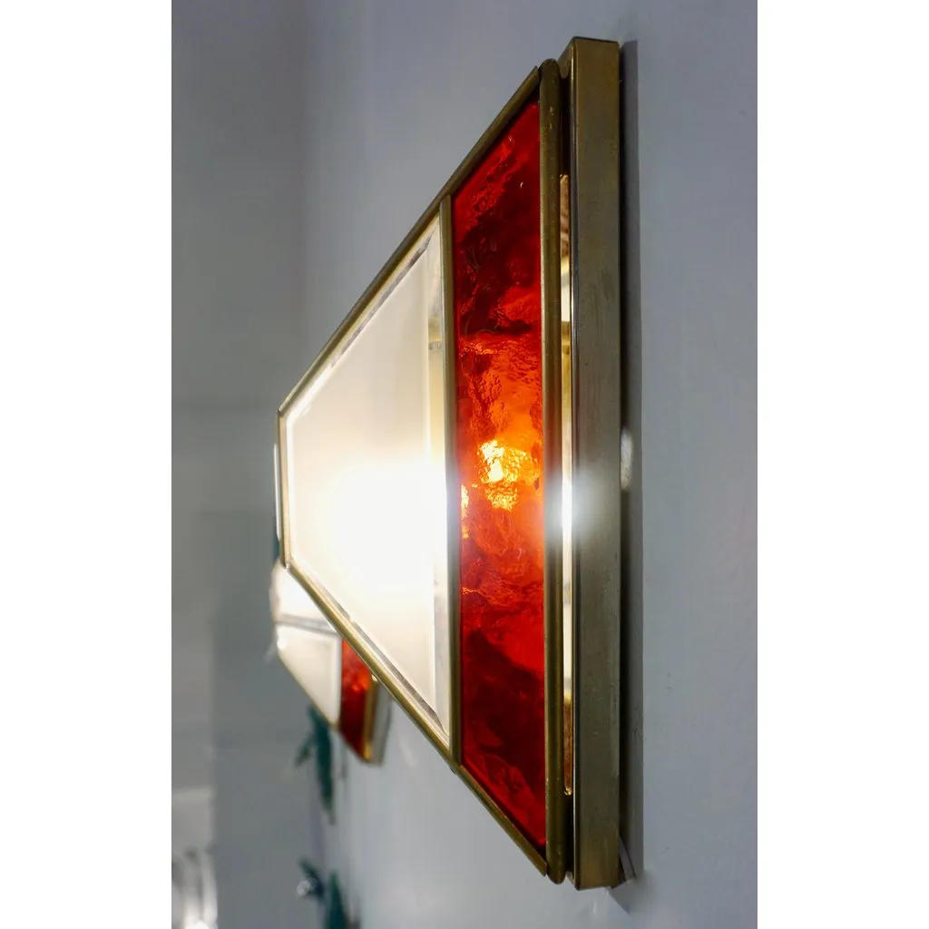 Italian 1950s Art Deco Style Pair of Red White Frosted Glass Sconces/Flushmounts