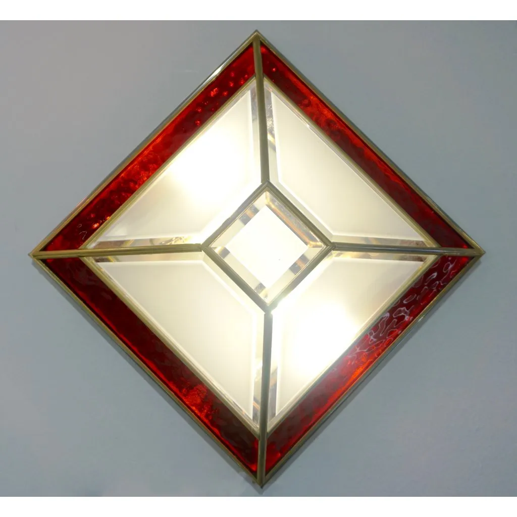 Italian 1950s Art Deco Style Pair of Red White Frosted Glass Sconces/Flushmounts