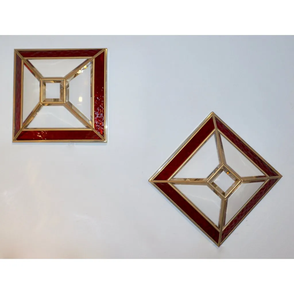 Italian 1950s Art Deco Style Pair of Red White Frosted Glass Sconces/Flushmounts