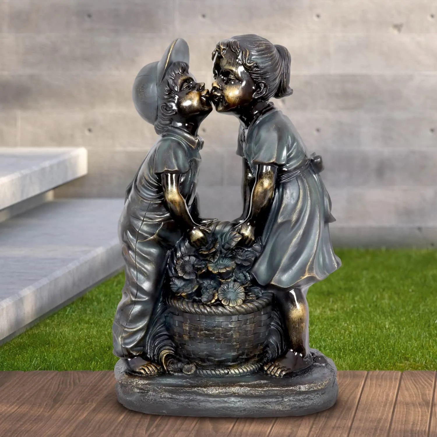 Kissing Boy and Girl in Bronze Look with Patina Finish Garden Statuary, 20 Inch