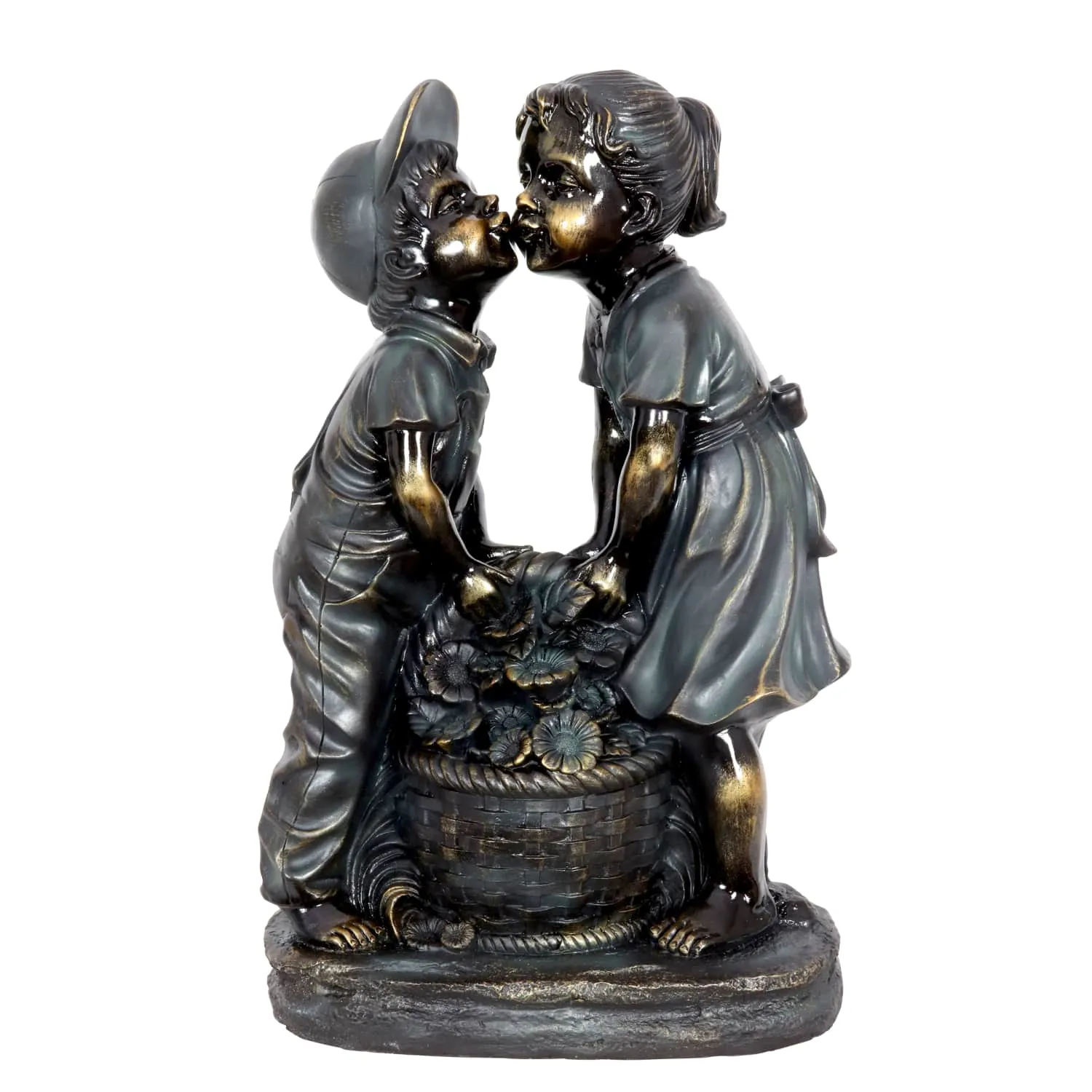 Kissing Boy and Girl in Bronze Look with Patina Finish Garden Statuary, 20 Inch