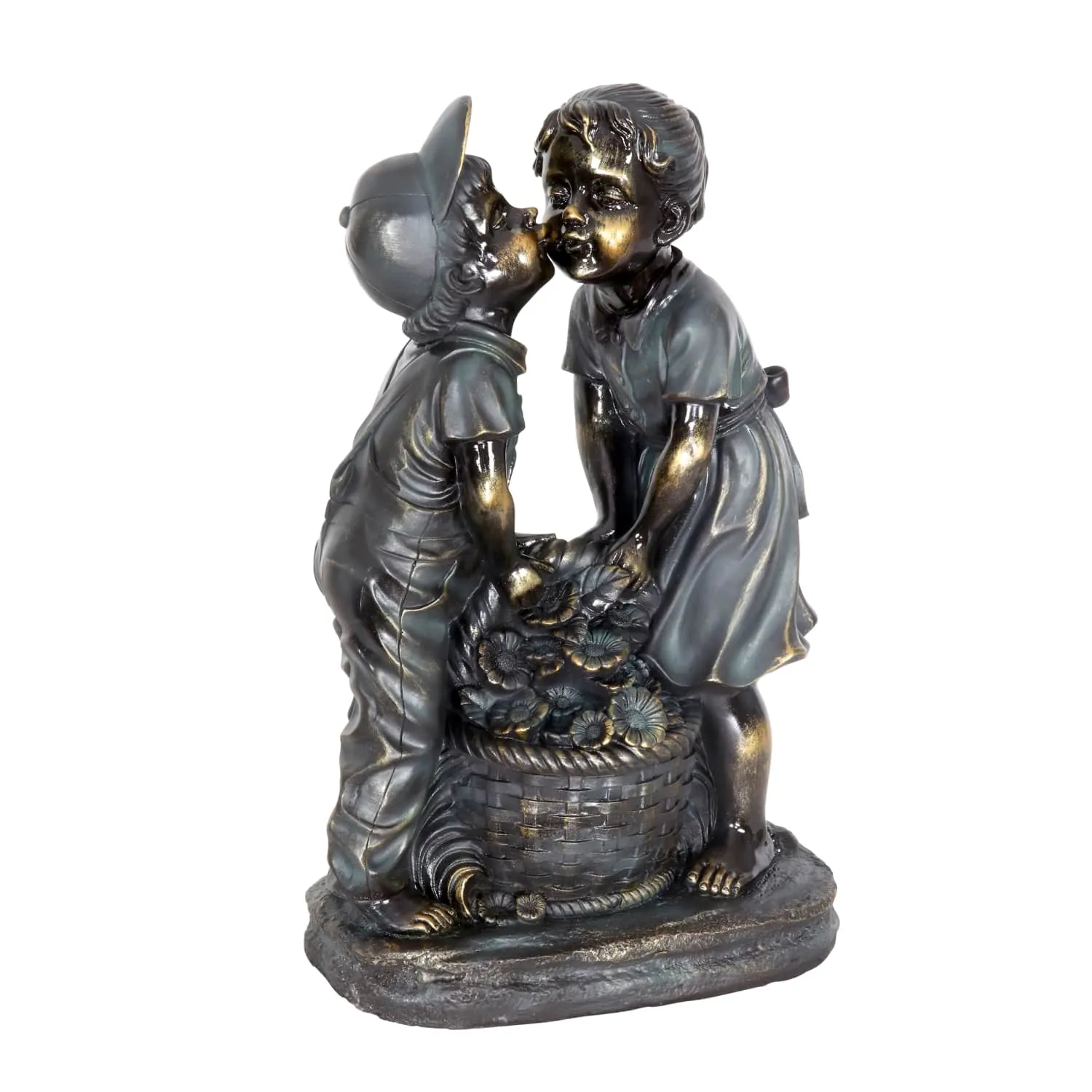 Kissing Boy and Girl in Bronze Look with Patina Finish Garden Statuary, 20 Inch
