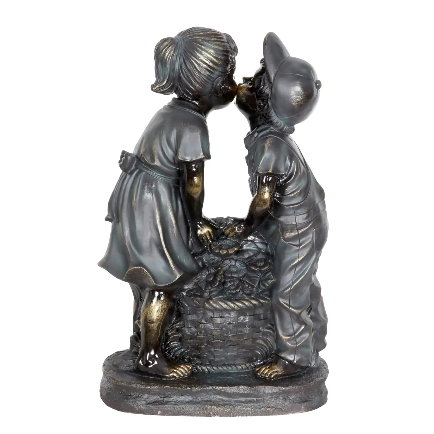 Kissing Boy and Girl in Bronze Look with Patina Finish Garden Statuary, 20 Inch