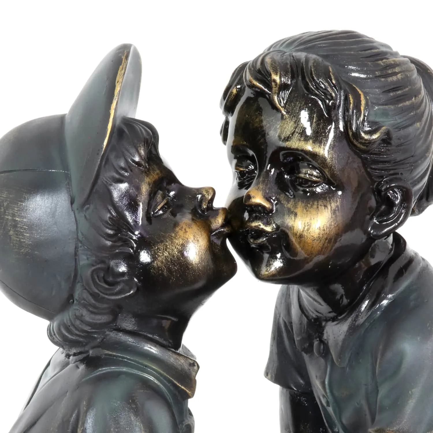 Kissing Boy and Girl in Bronze Look with Patina Finish Garden Statuary, 20 Inch