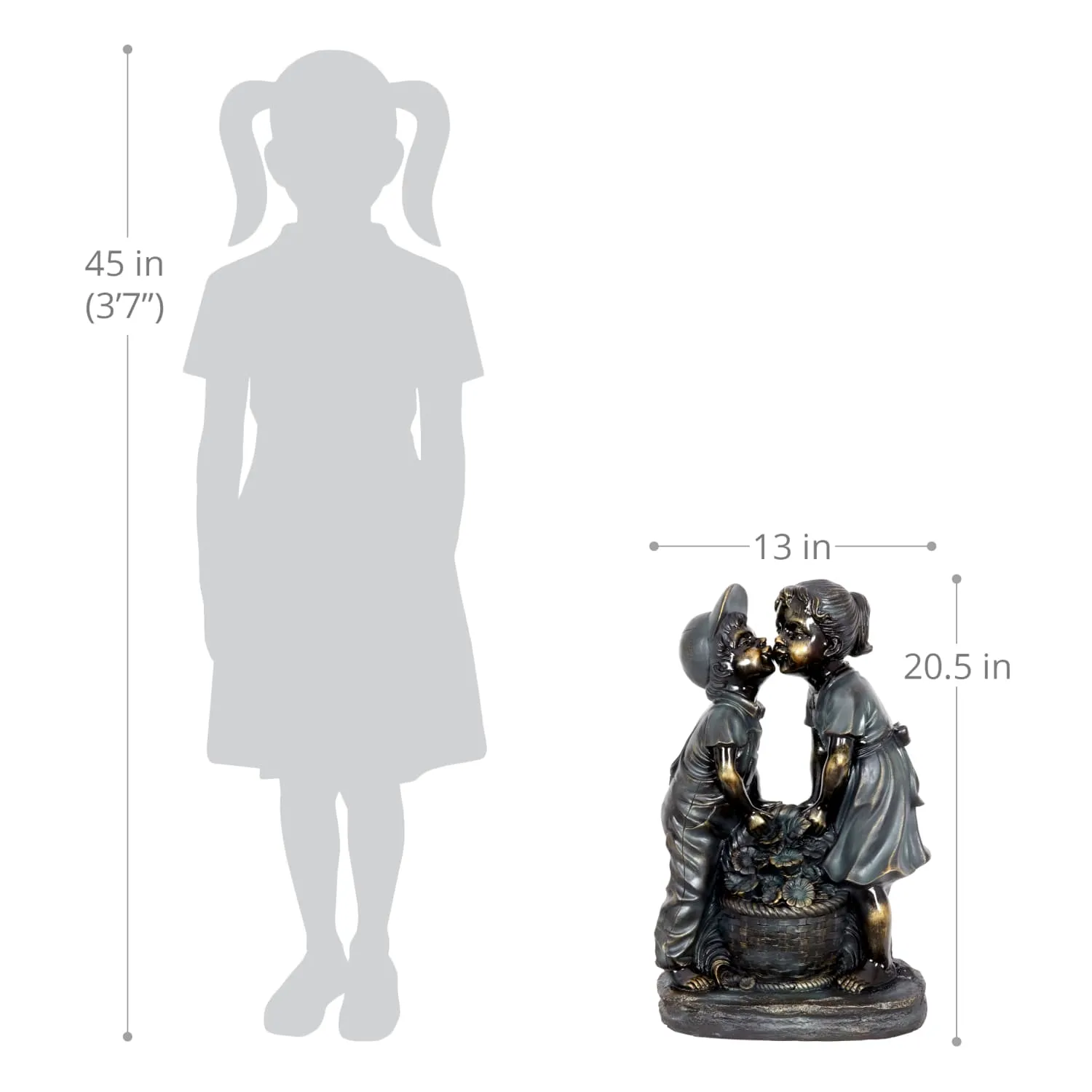 Kissing Boy and Girl in Bronze Look with Patina Finish Garden Statuary, 20 Inch
