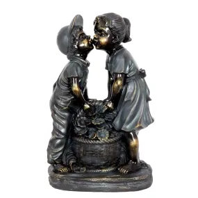 Kissing Boy and Girl in Bronze Look with Patina Finish Garden Statuary, 20 Inch