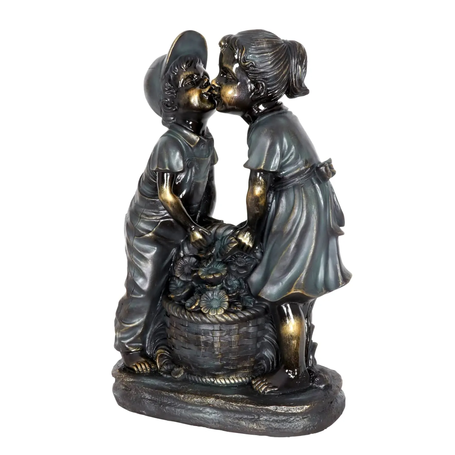 Kissing Boy and Girl in Bronze Look with Patina Finish Garden Statuary, 20 Inch