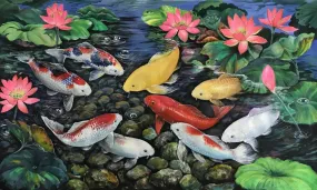 Nine Koi Fish - Symbol Of Prosperity and Family Strength - Feng Shui Painting - Life Size Posters