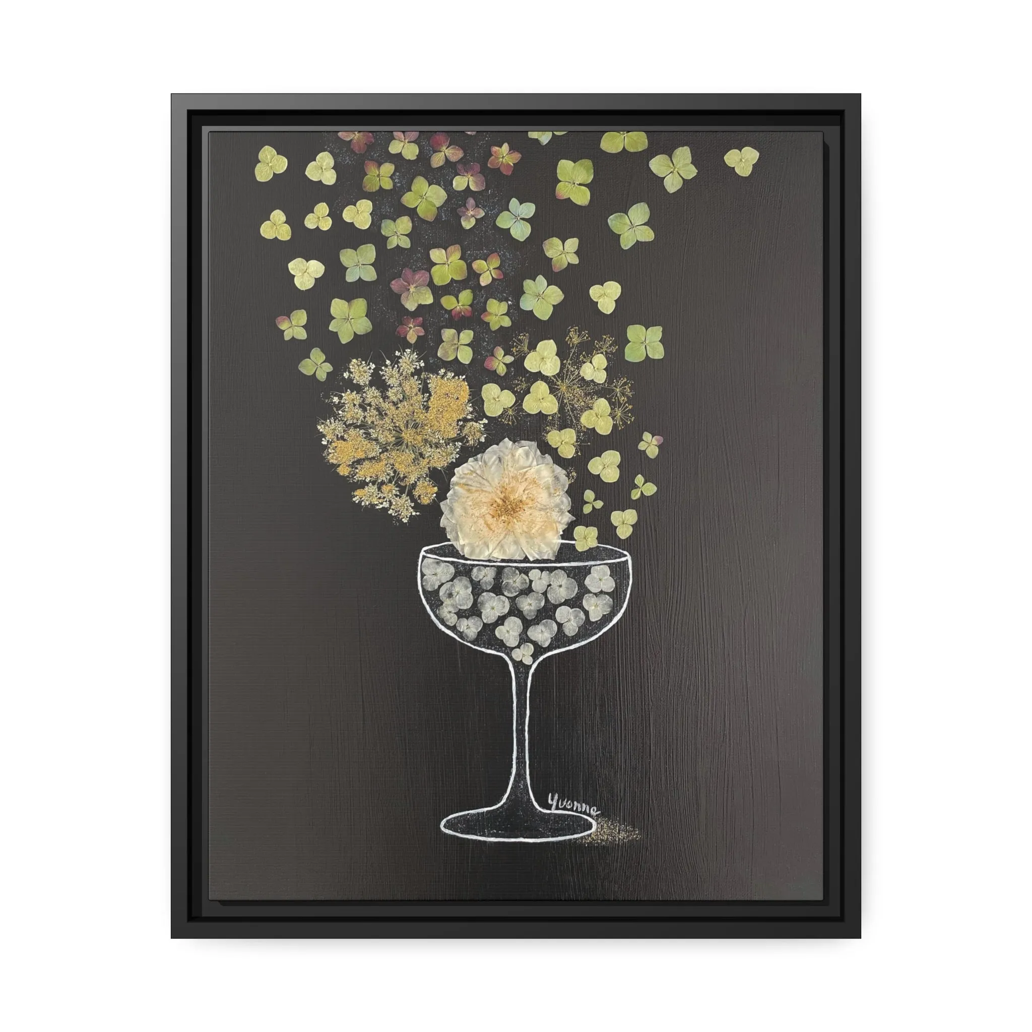 "Effervesce" pressed flower art image by Yvonne Blacker printed on matte canvas with black frame