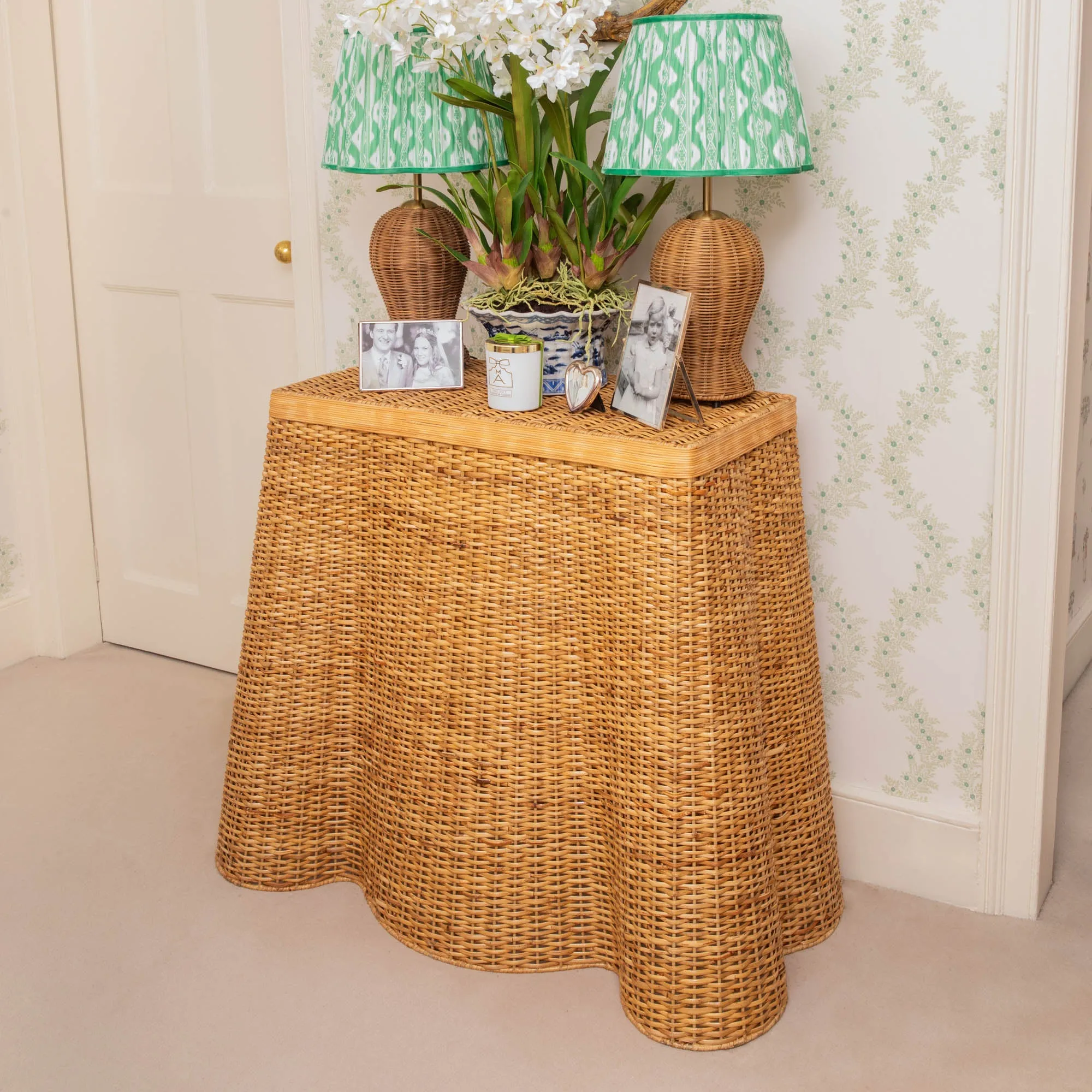Rattan Blanche Lamp with Green Ikat Shade (30cm)
