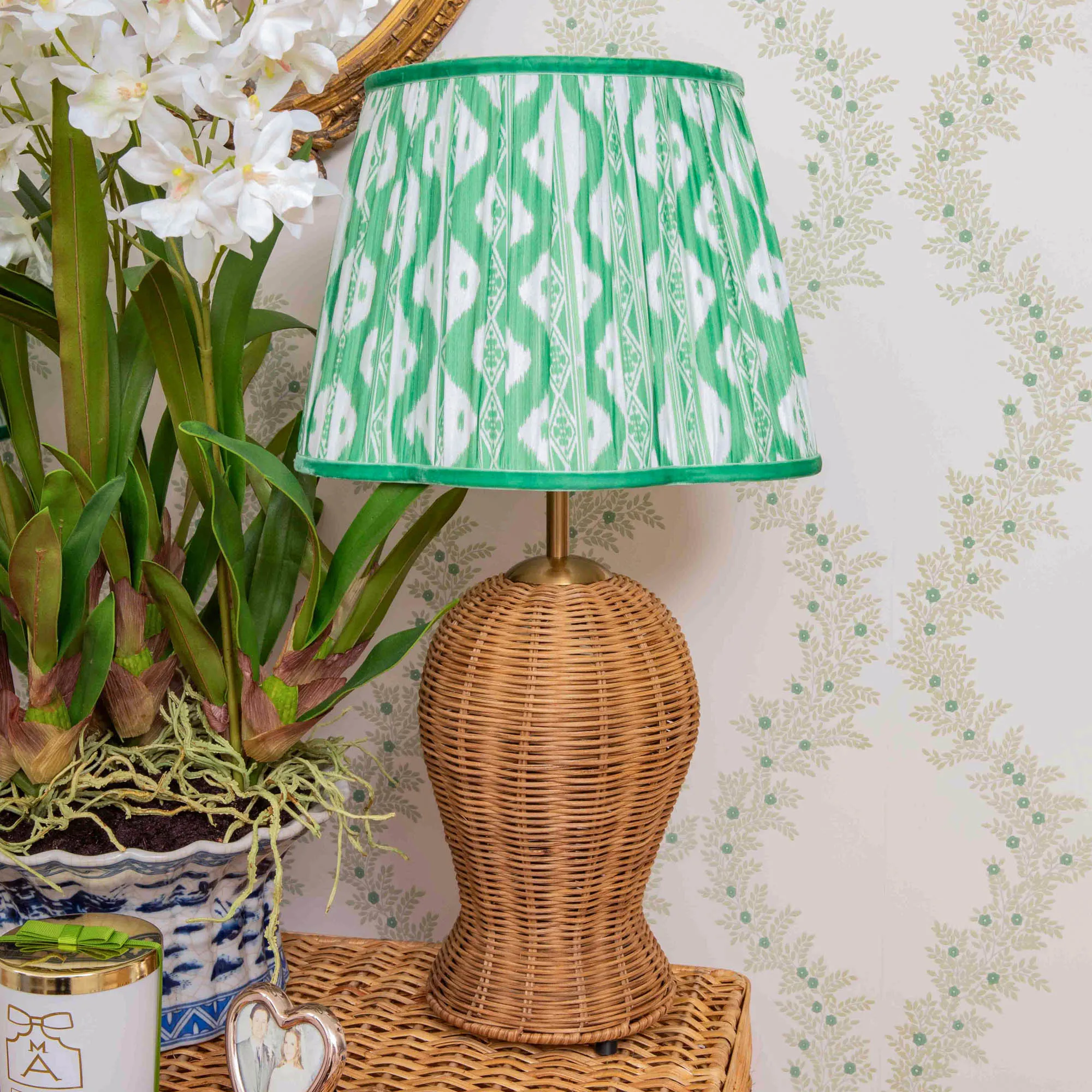 Rattan Blanche Lamp with Green Ikat Shade (30cm)