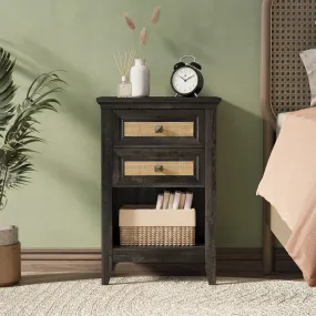 relaxed CozyHome Nightstand with 2 Drawers, Accent Bedside Table with Rattan Decor Drawers and Large Storage Shelf, Boho Wood End Table Organizer for Bedroom, Living Room, Grey