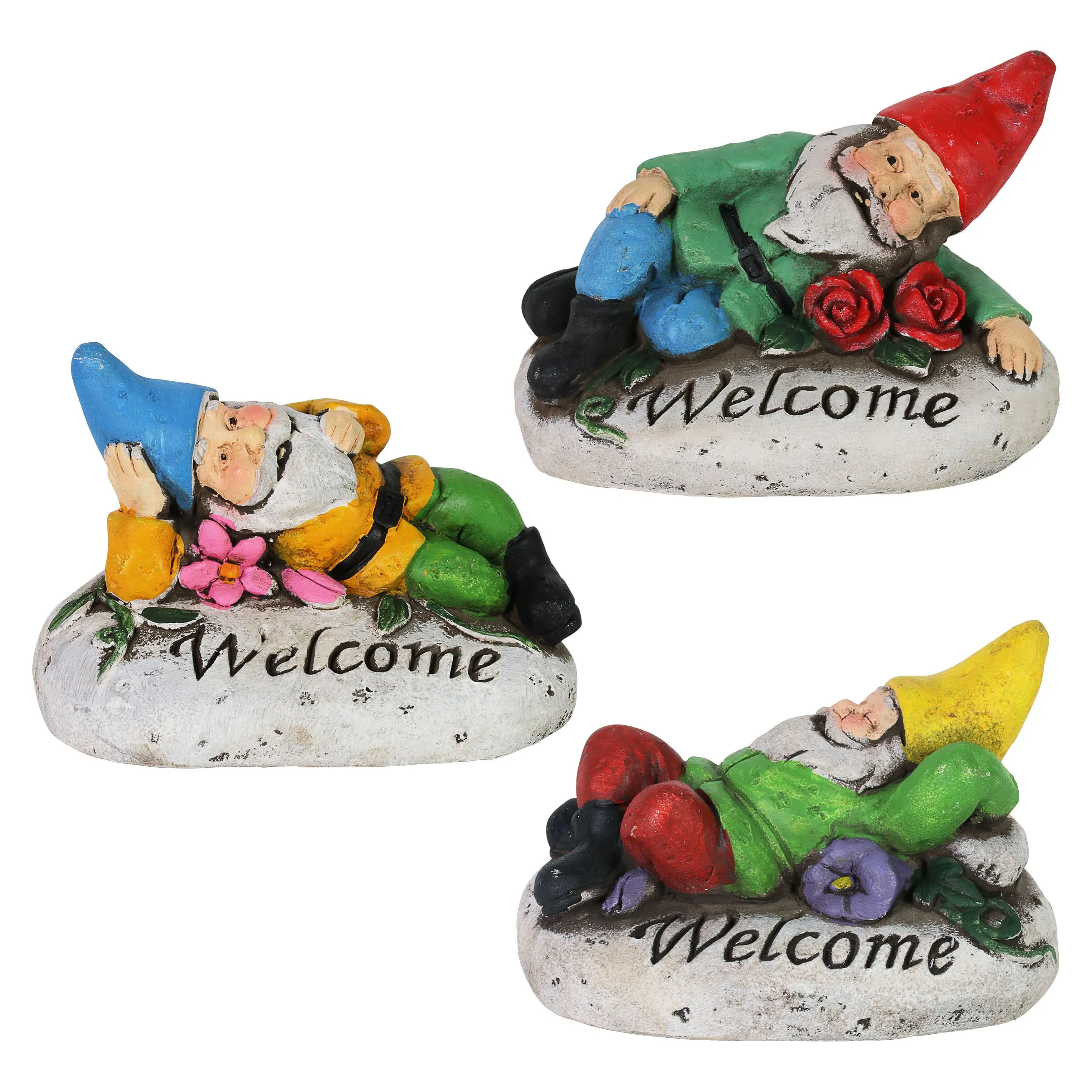 Set of 3 Cement Welcome Gnome Garden Stones, 4 Inch