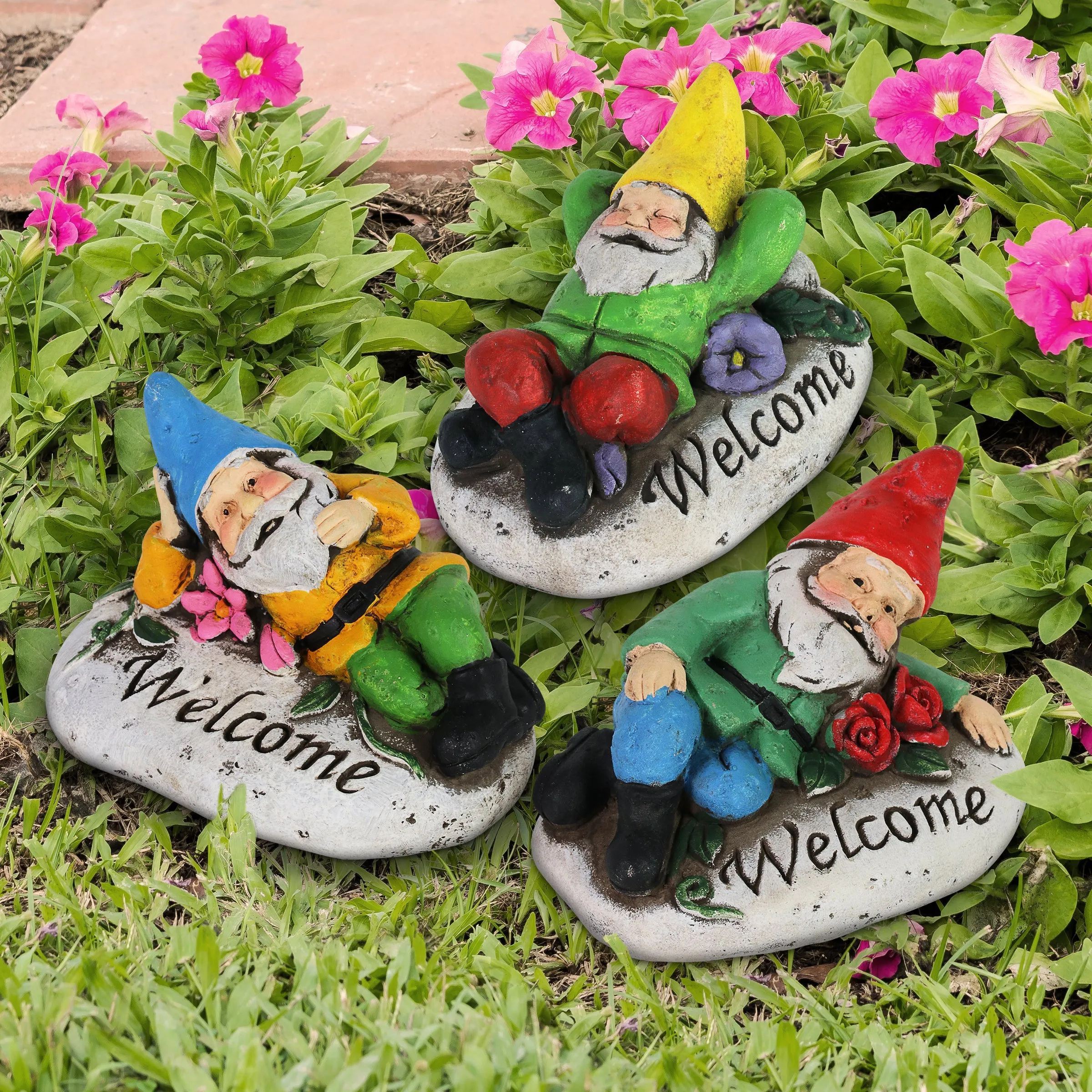 Set of 3 Cement Welcome Gnome Garden Stones, 4 Inch
