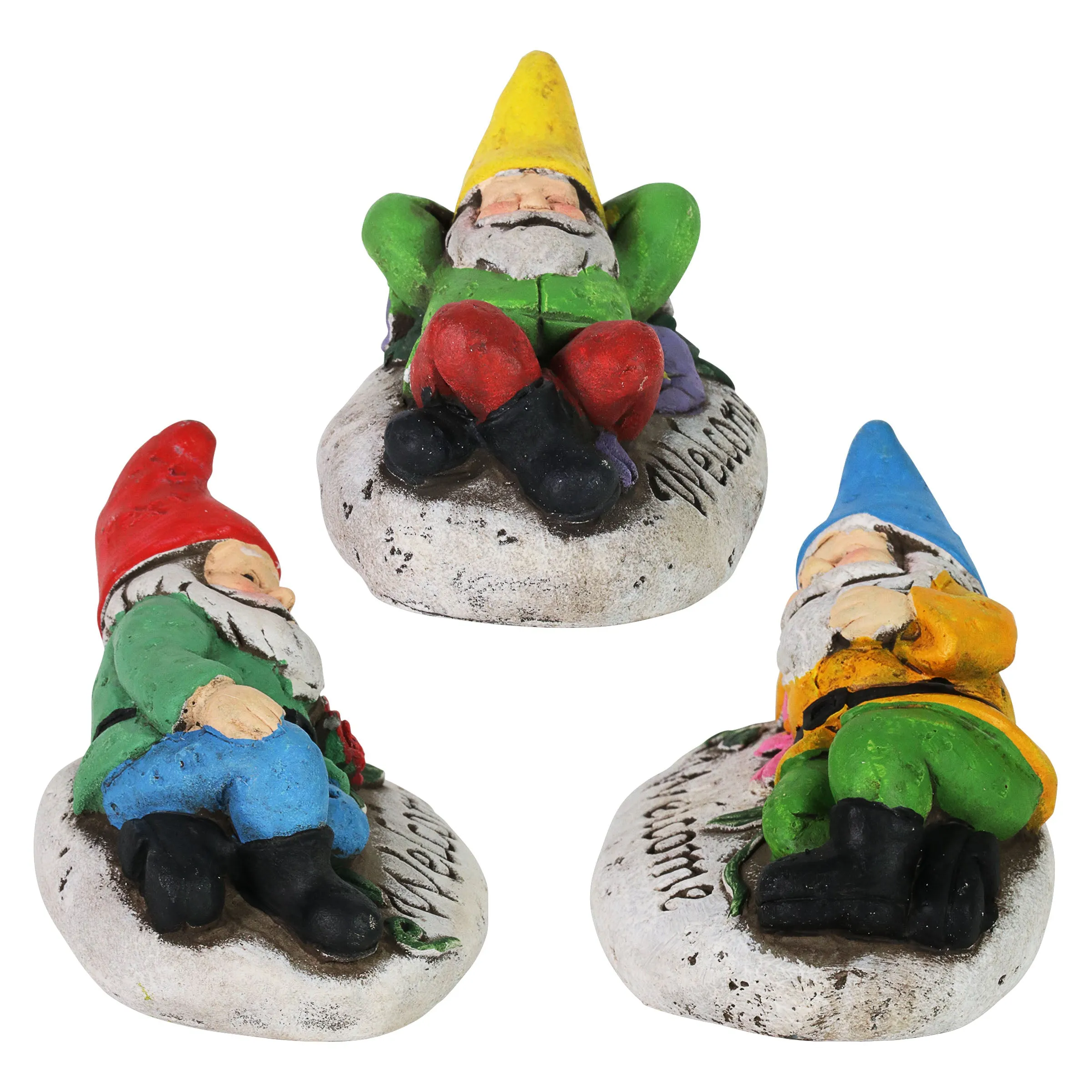 Set of 3 Cement Welcome Gnome Garden Stones, 4 Inch