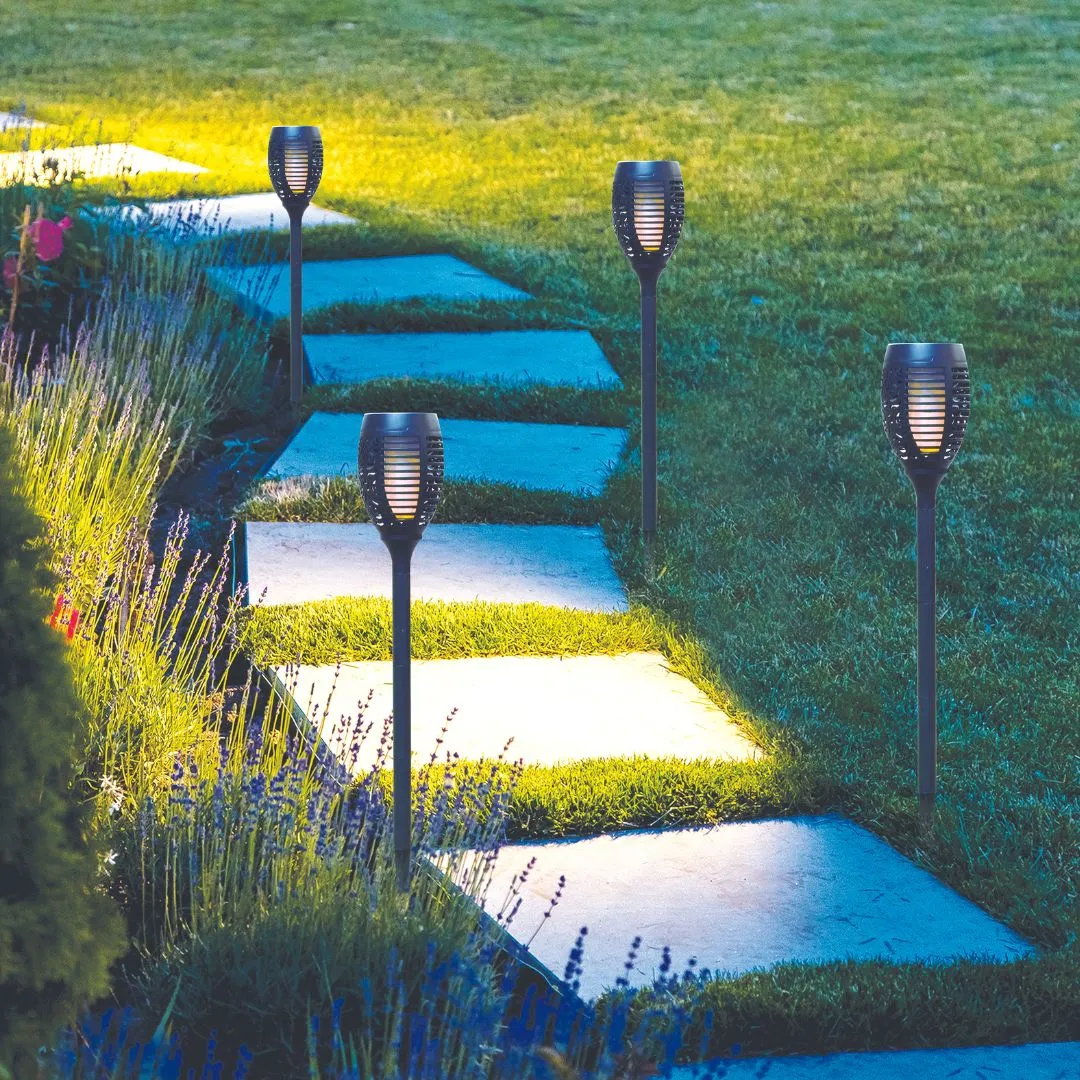 Silver & Stone Outdoor Solar Flickering Flame Torch Garden Stakes - 4 Pack