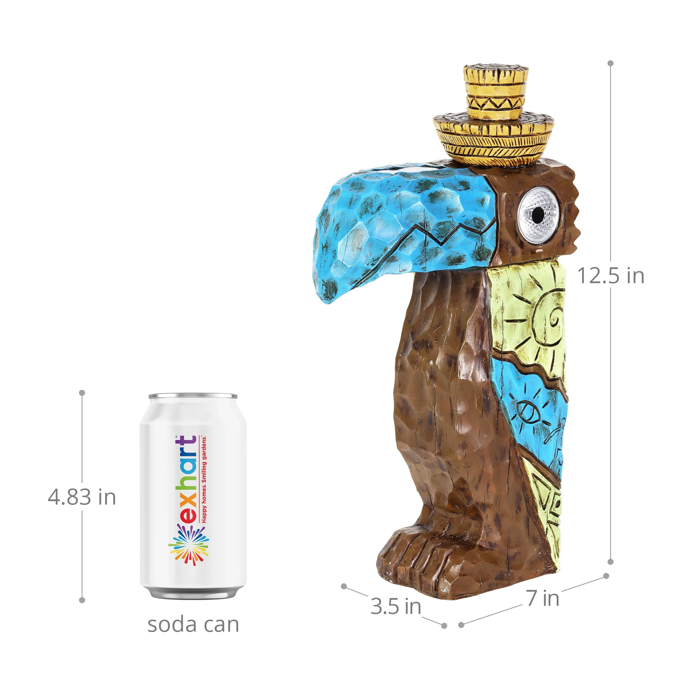 Solar Blue Tiki Toucan Garden Statue with LED Eyes, 7 by 12.5 Inches