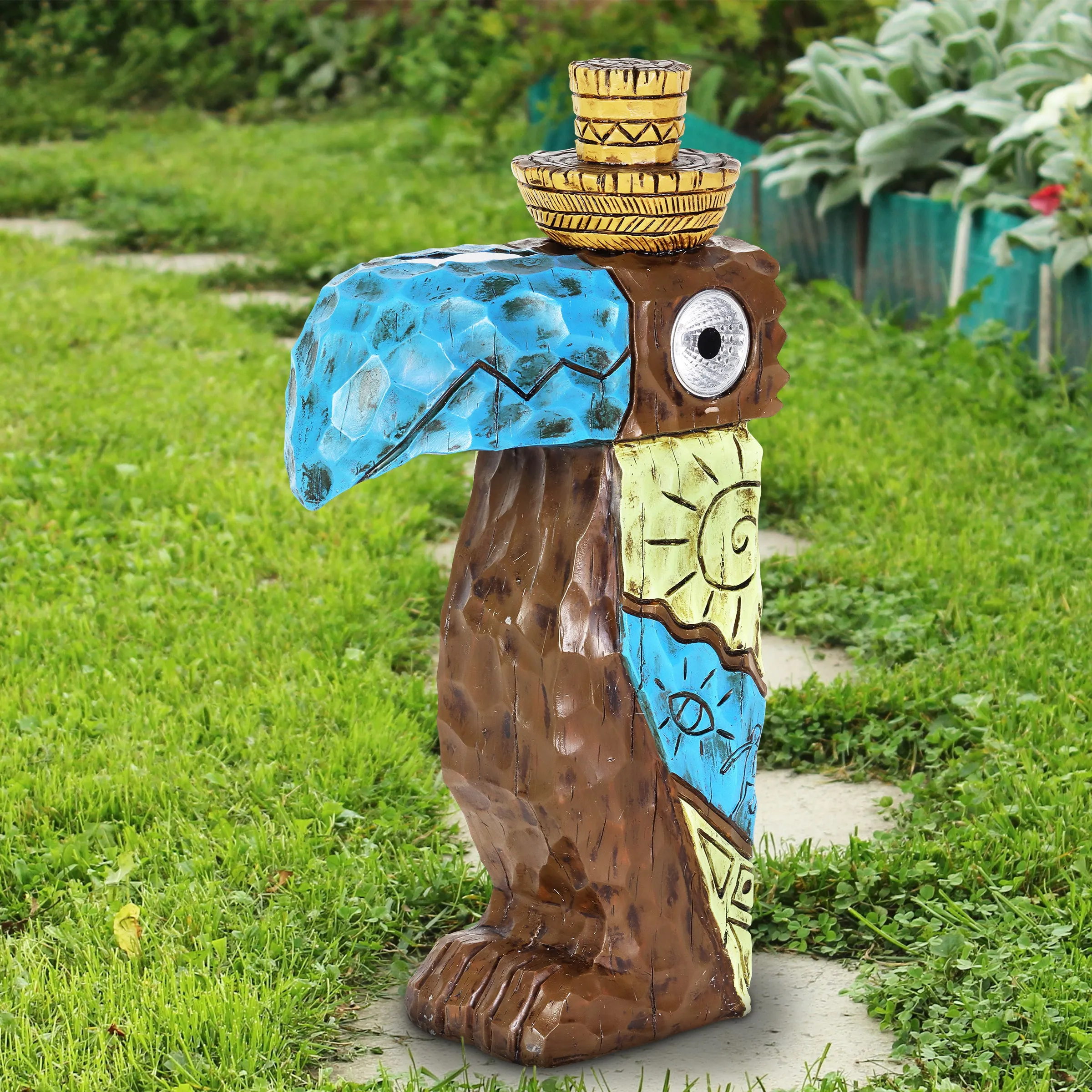 Solar Blue Tiki Toucan Garden Statue with LED Eyes, 7 by 12.5 Inches