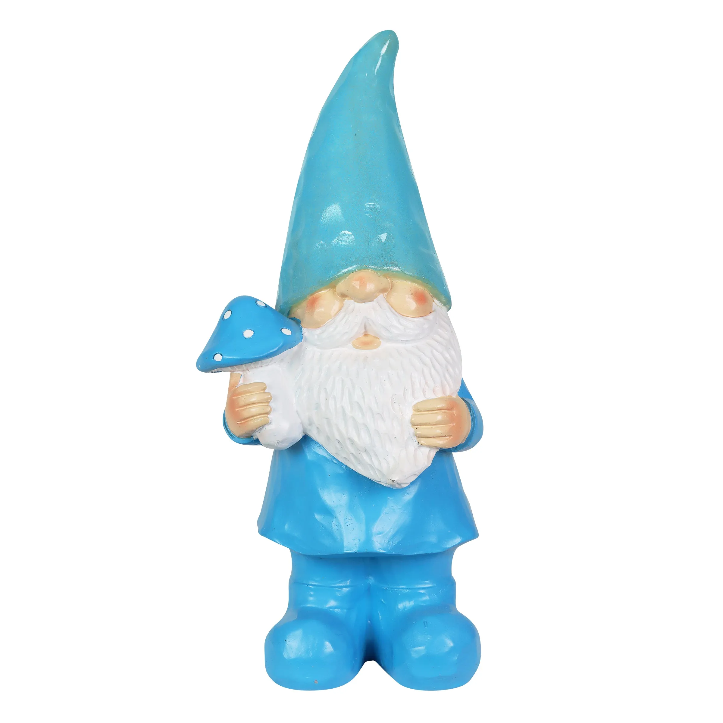 Solar Blue Woodland Garden Gnome with Mushroom Statuary, 11 Inch