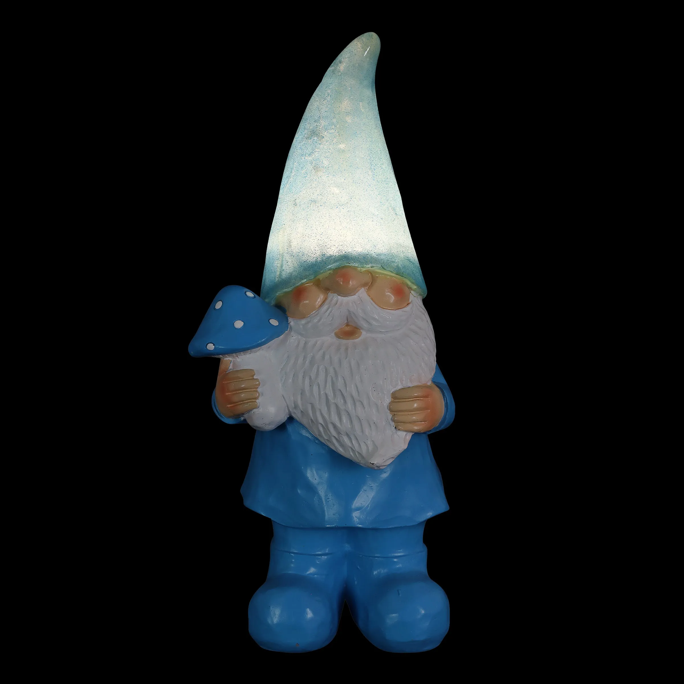 Solar Blue Woodland Garden Gnome with Mushroom Statuary, 11 Inch