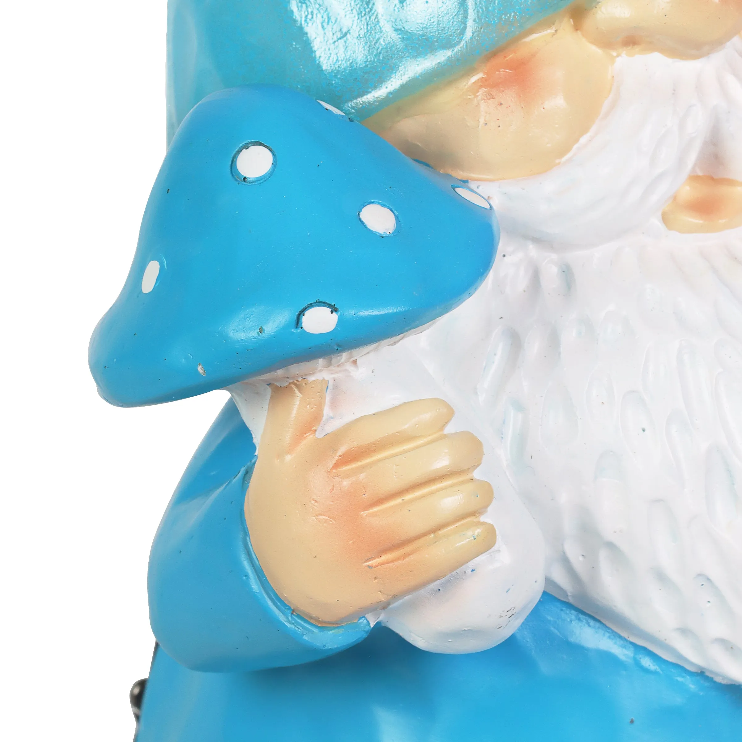 Solar Blue Woodland Garden Gnome with Mushroom Statuary, 11 Inch