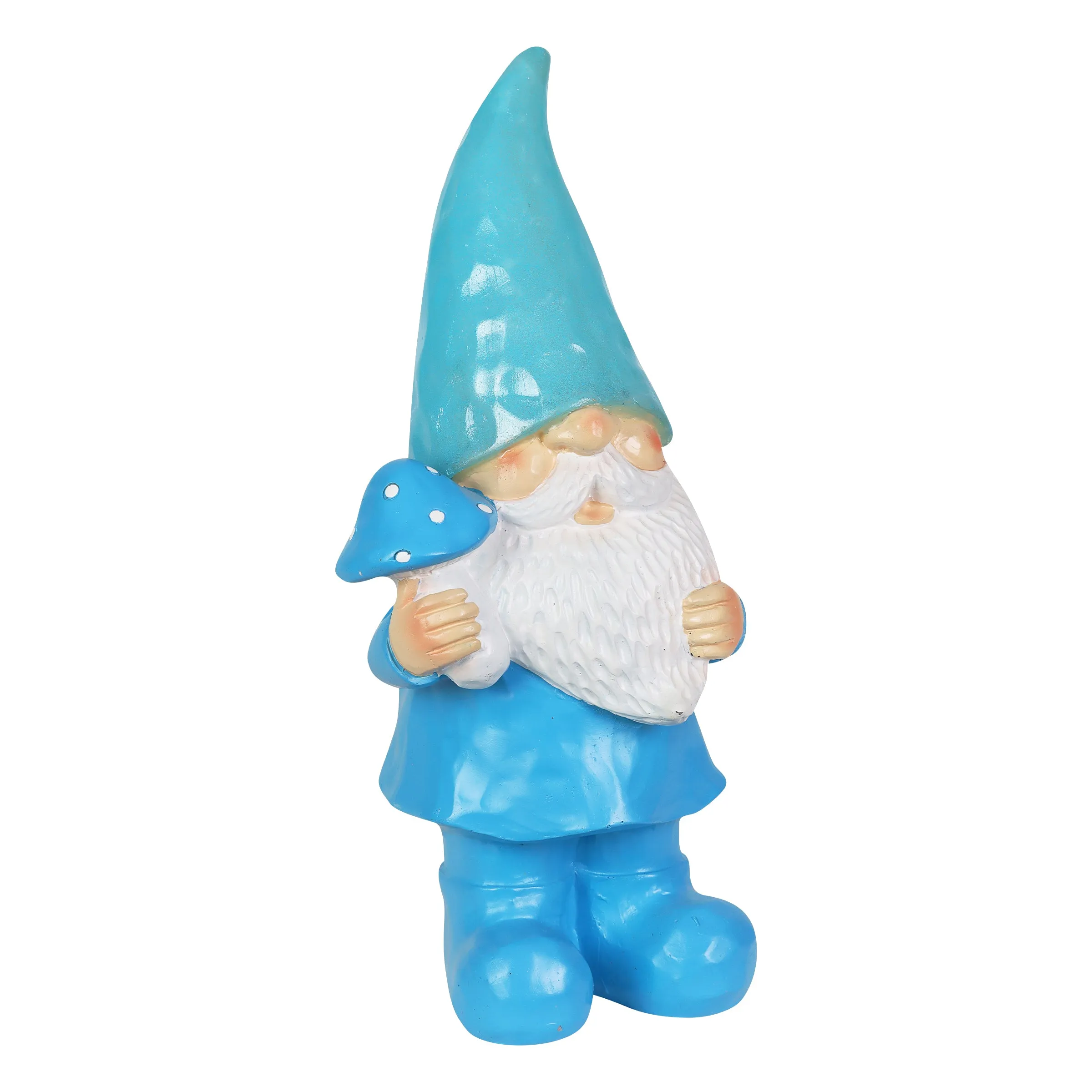 Solar Blue Woodland Garden Gnome with Mushroom Statuary, 11 Inch