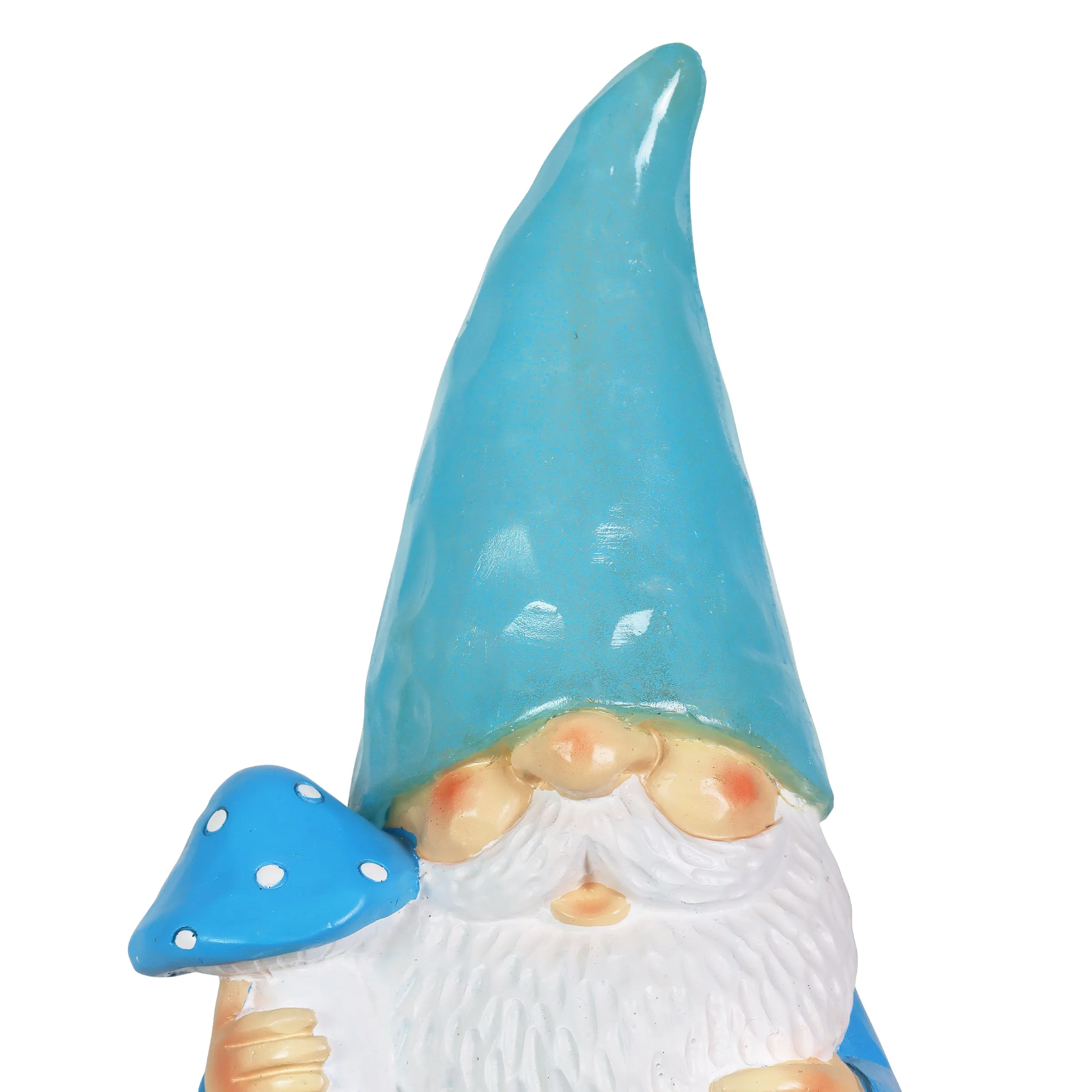 Solar Blue Woodland Garden Gnome with Mushroom Statuary, 11 Inch