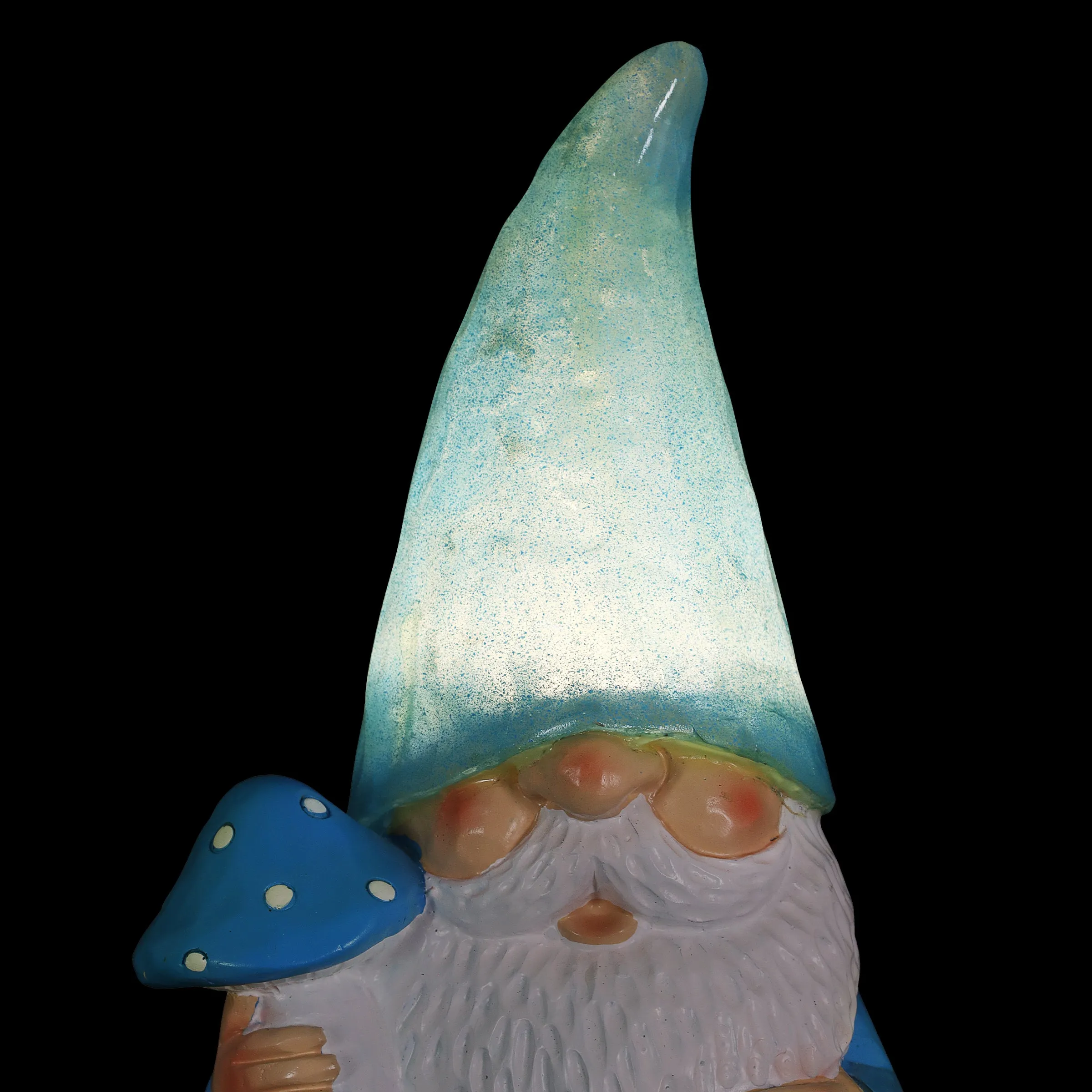 Solar Blue Woodland Garden Gnome with Mushroom Statuary, 11 Inch