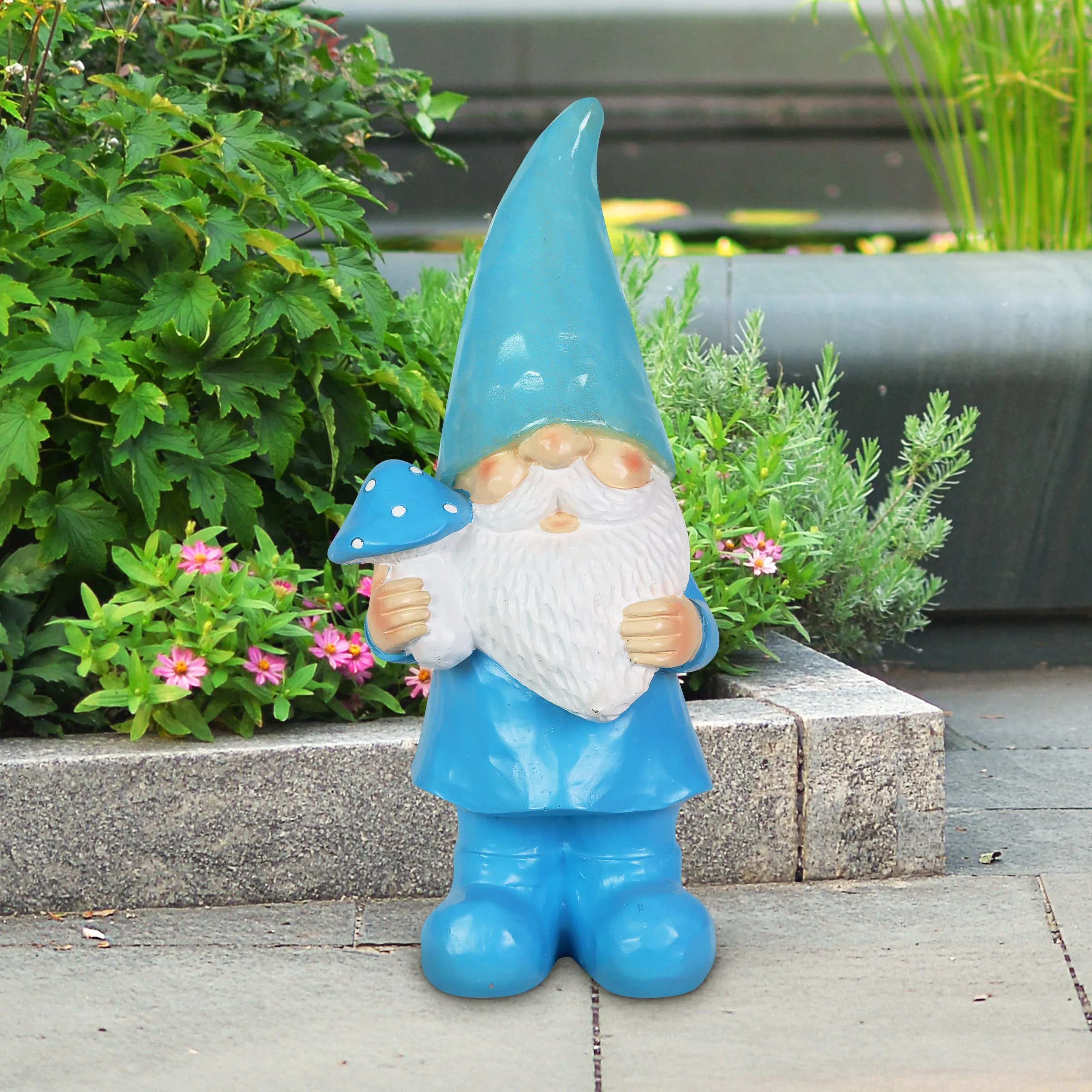 Solar Blue Woodland Garden Gnome with Mushroom Statuary, 11 Inch