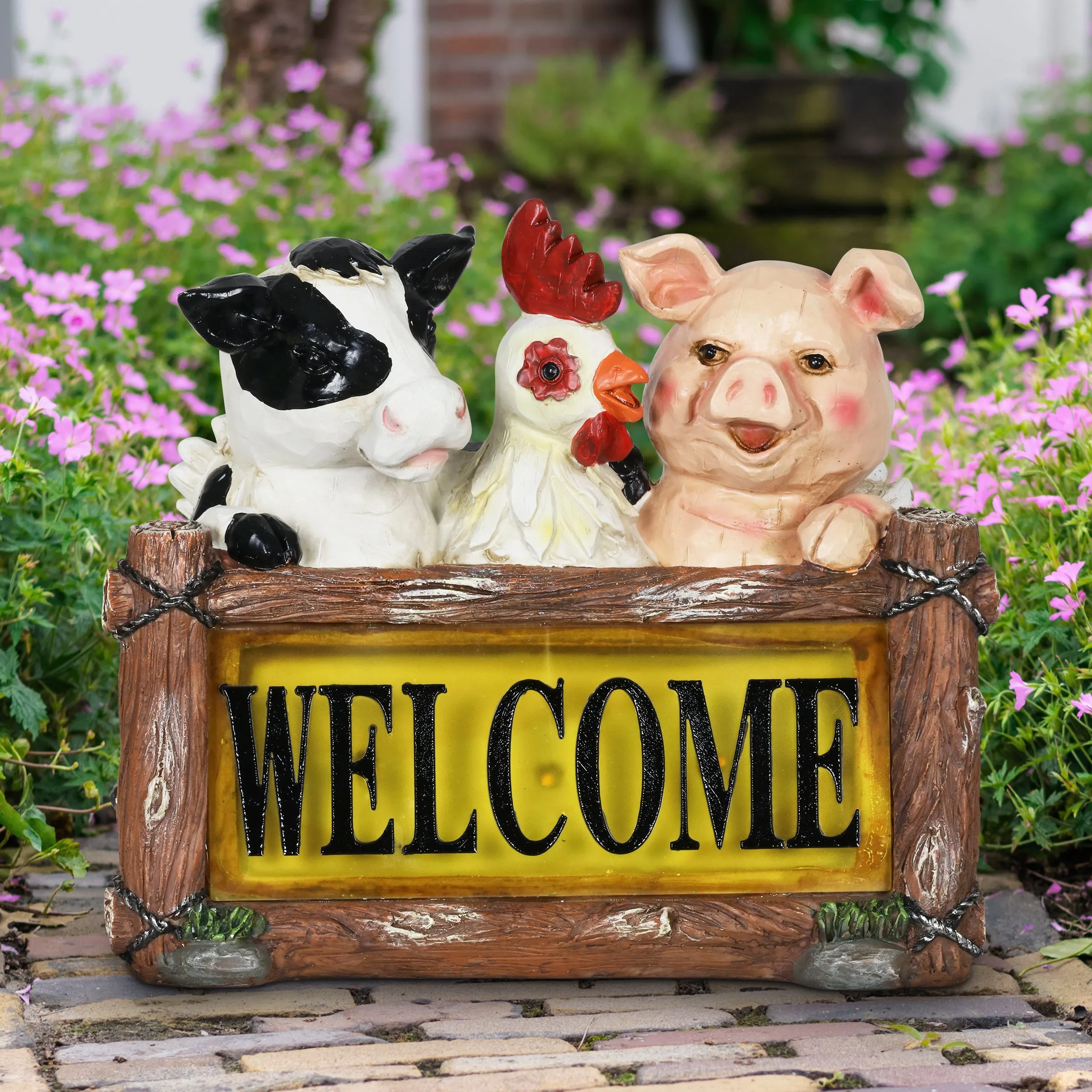 Solar Farm Animal Welcome Sign Garden Statue, 11 by 10 Inches