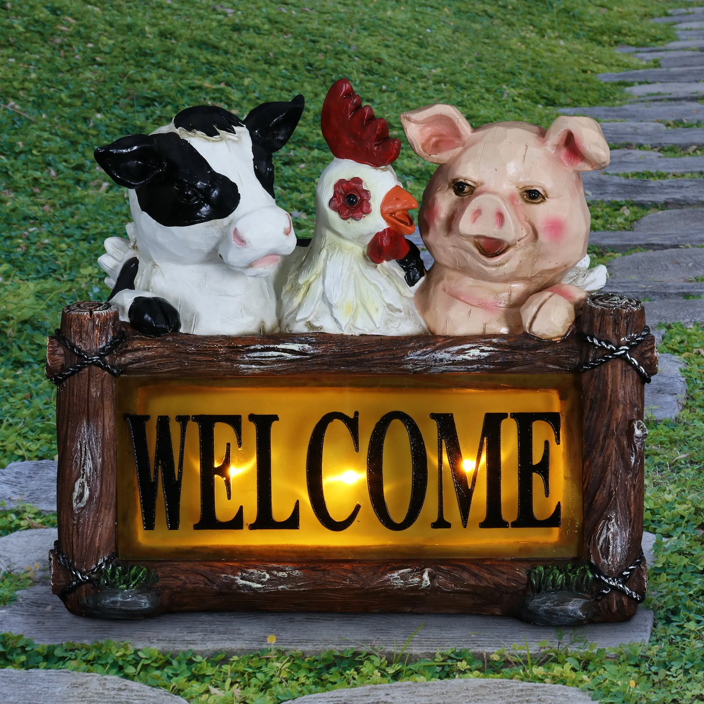 Solar Farm Animal Welcome Sign Garden Statue, 11 by 10 Inches
