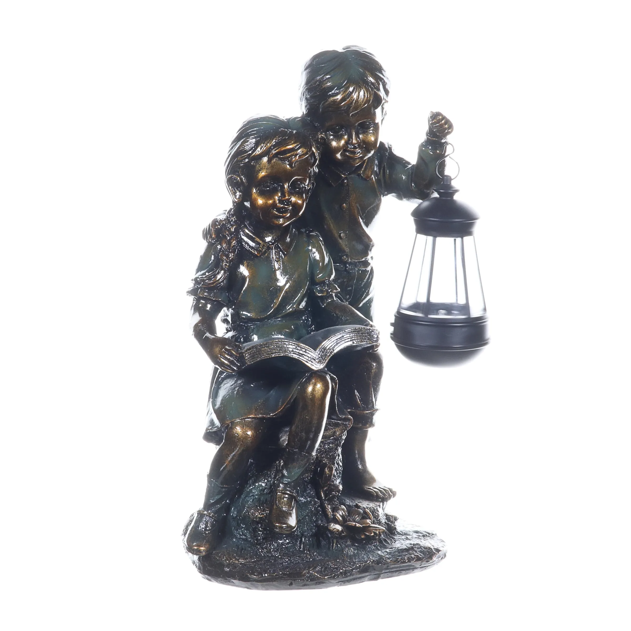 Solar Faux Bronze Boy and Girl Statue, 9 by 15 Inches